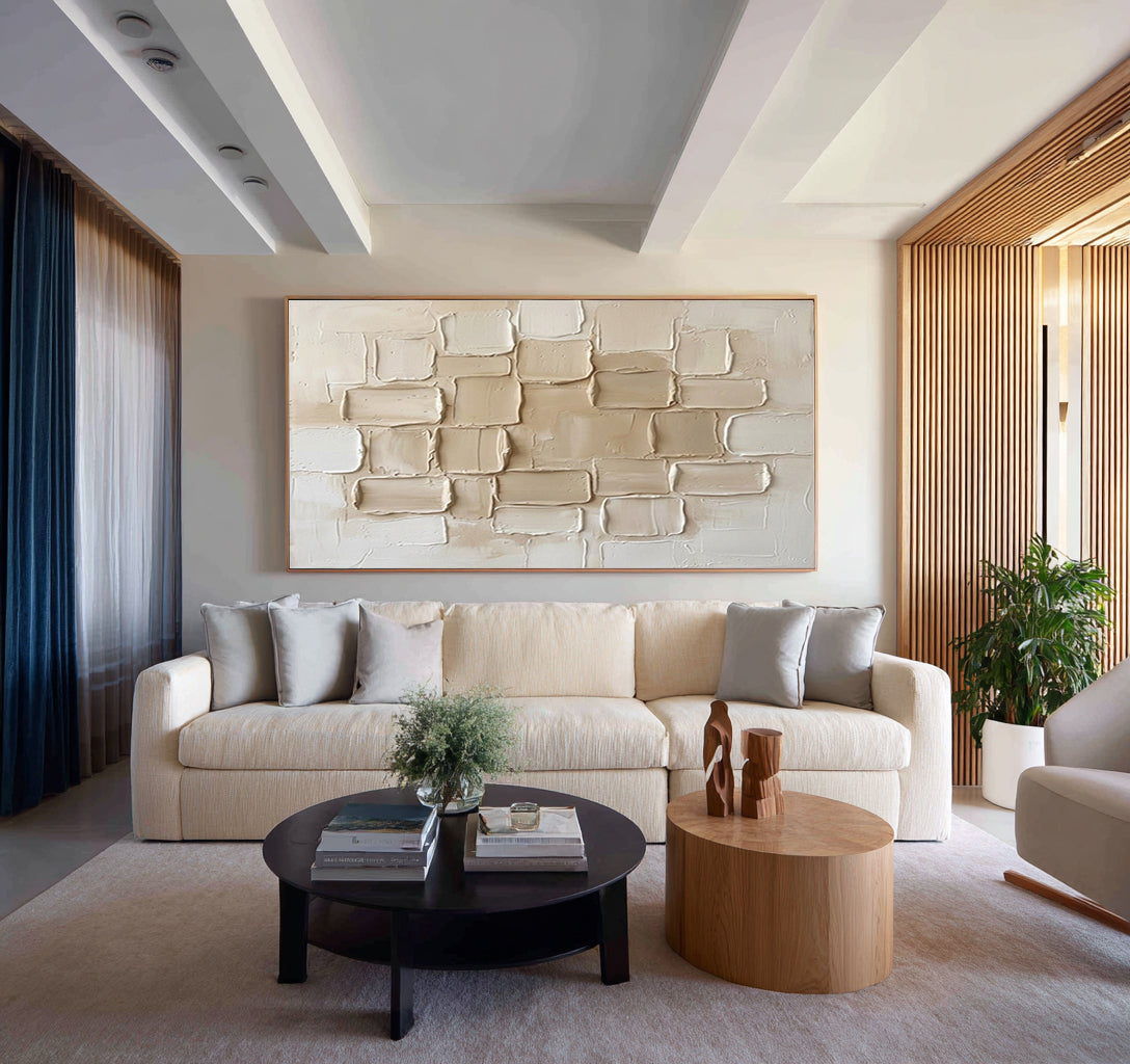 Large Neutral Textured Blocks Wall Art Modern Abstract Canvas Decor
