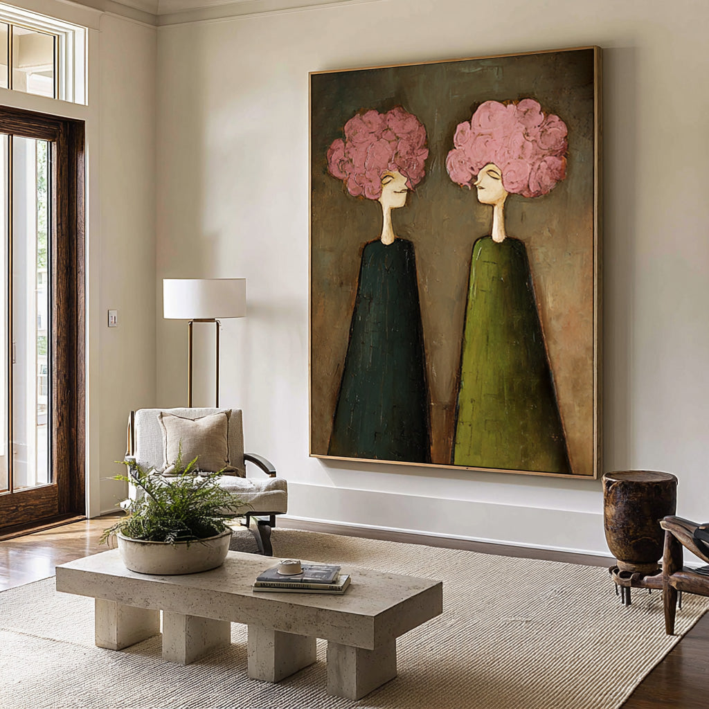Large Pink Floral Portrait Oil Painting on Canvas – Modern Green Dress Wall Art #WAC 041
