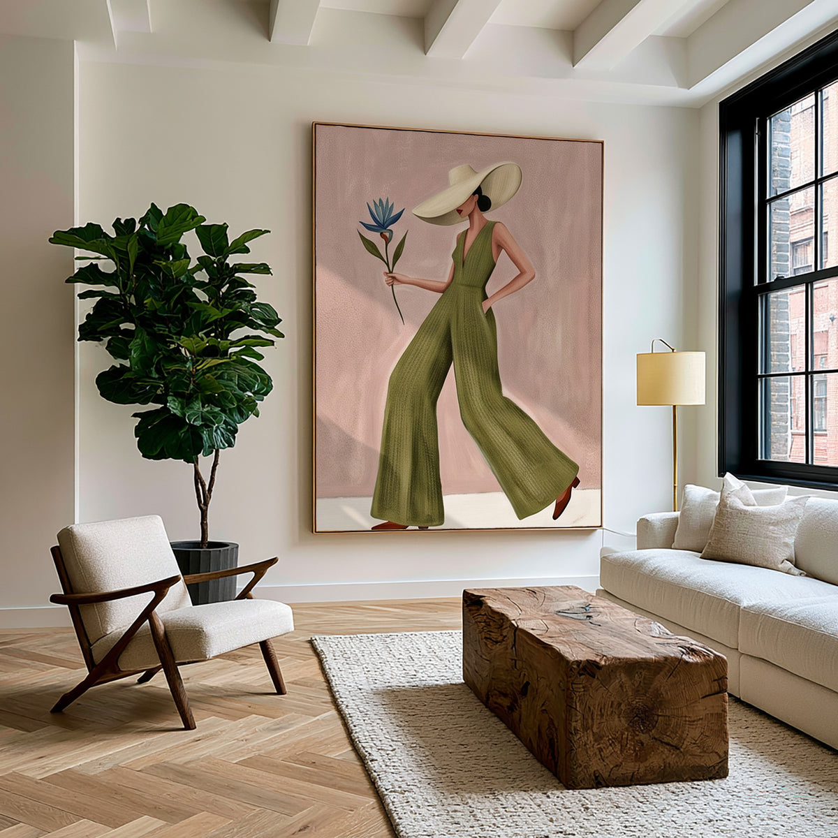 Modern Woman Painting Fashion Wall Art with Floral Details