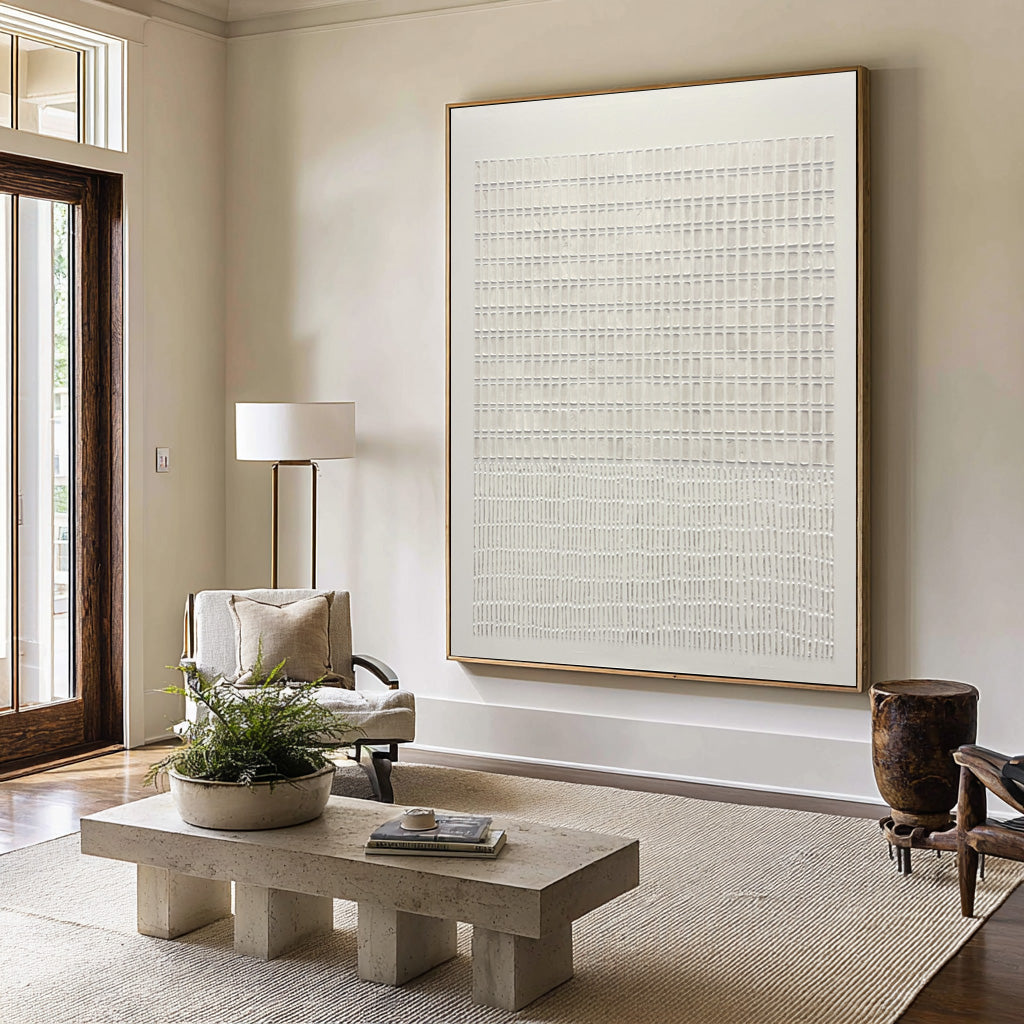 Large Modern Abstract Oil Painting, Beige Textured Grid Luxury Wall Art for Living Room #WAC 024