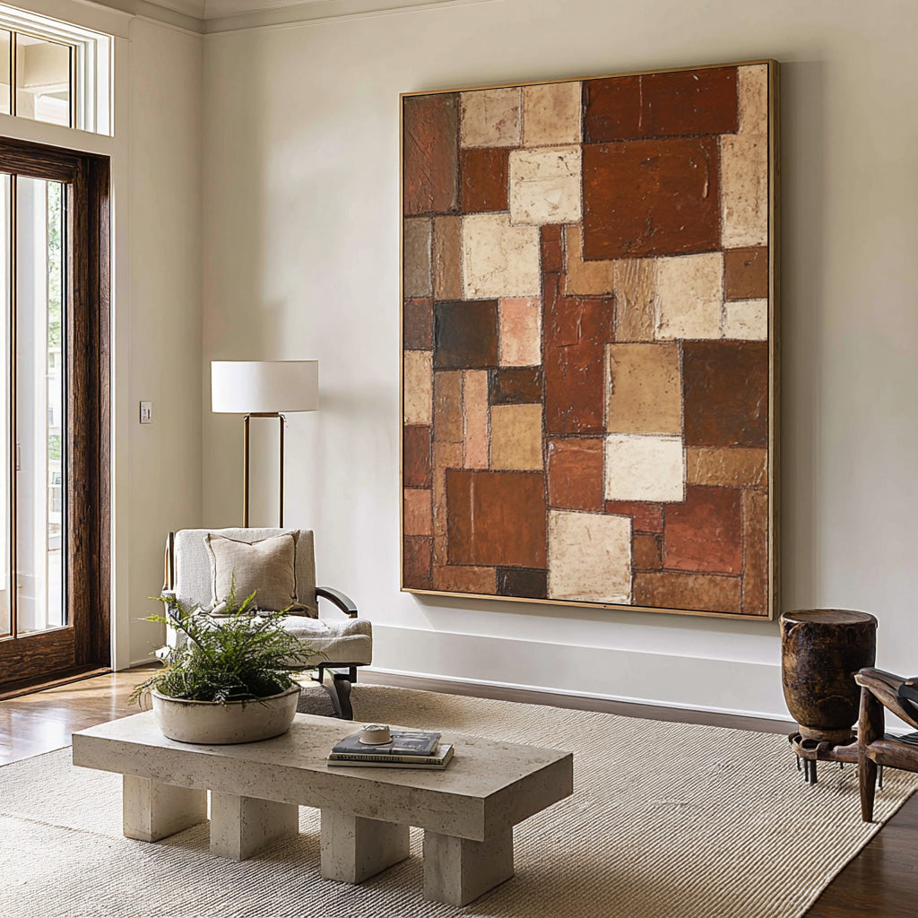 Large Geometric Abstract Oil Painting in Earth Tones, Vertical Contemporary Wall Art for Entryway #WAC 003