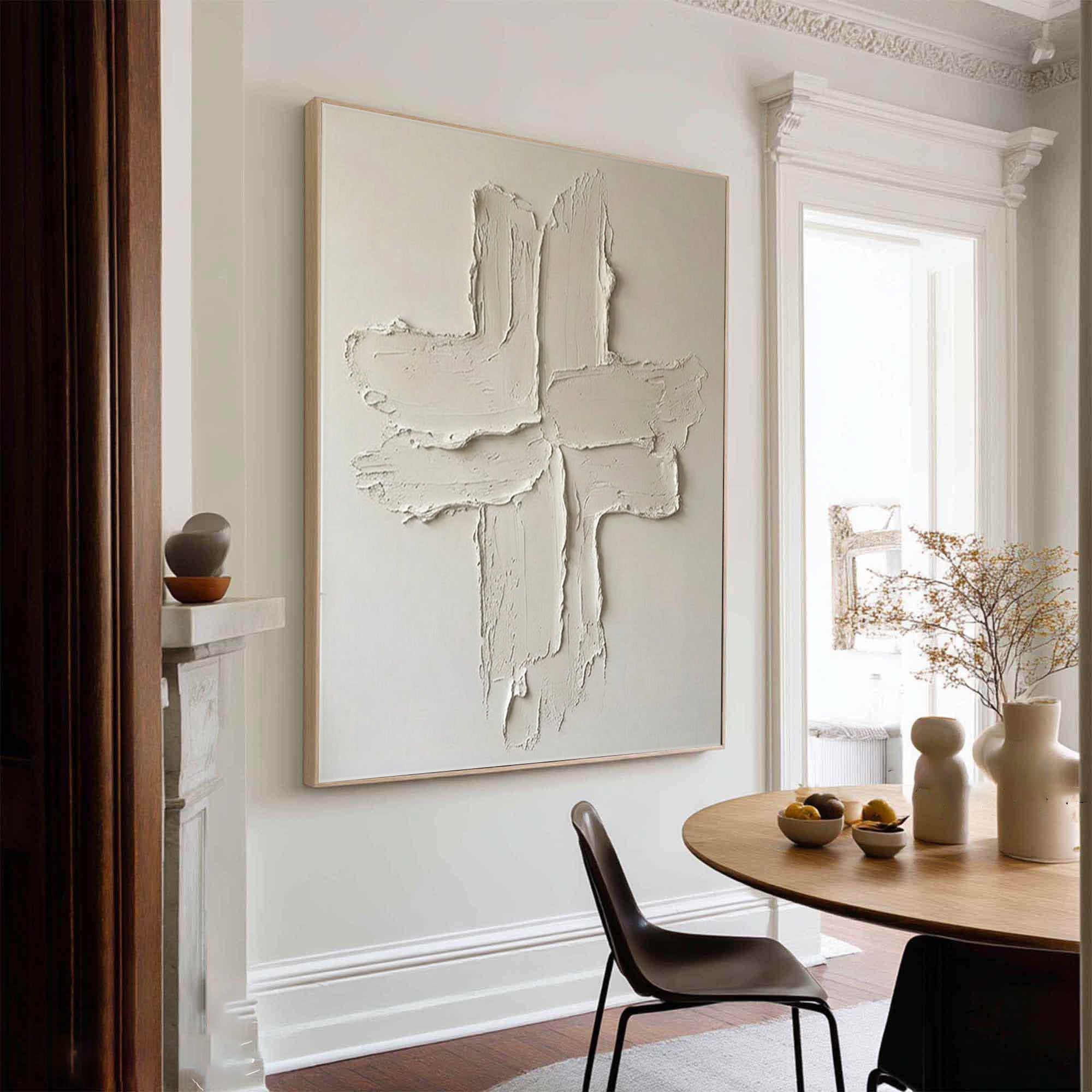 Large Minimalist Oil Painting with Raw Textured Cross Composition