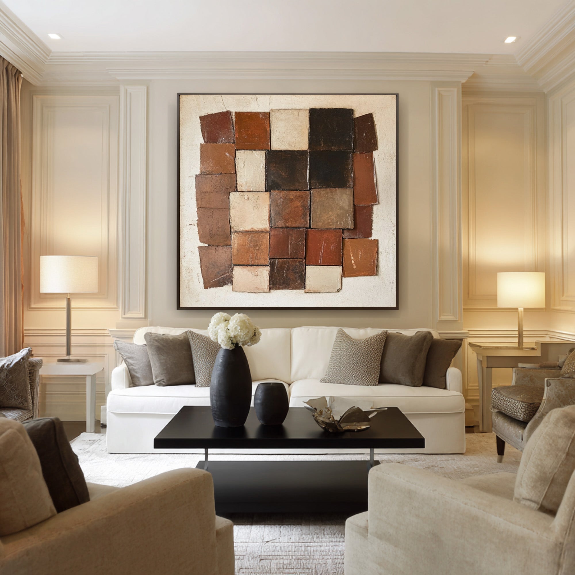Large Textured Abstract Oil Painting in Earth Tones, Geometric Modern Wall Art for Living Room #WAC 007