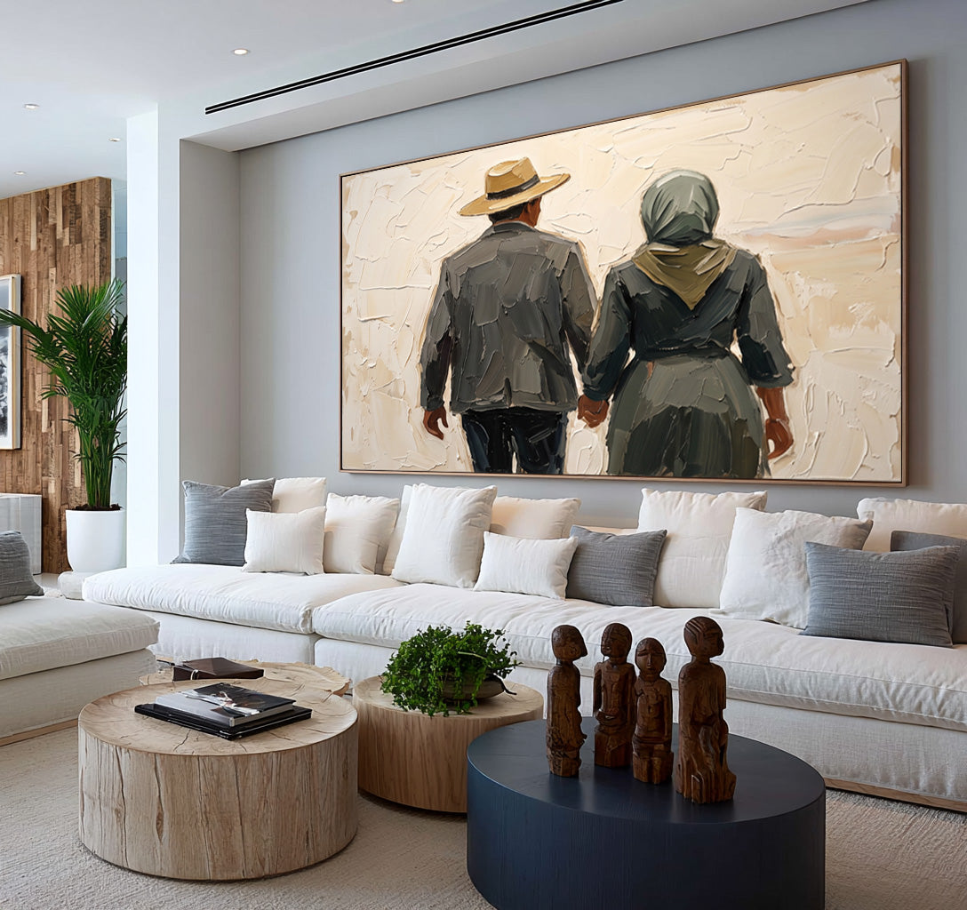 Large Rustic Couple Holding Hands Wall Art Textured Oil Painting Vintage Americana Figurative Portrait Western Inspired Modern Farmhouse Decor