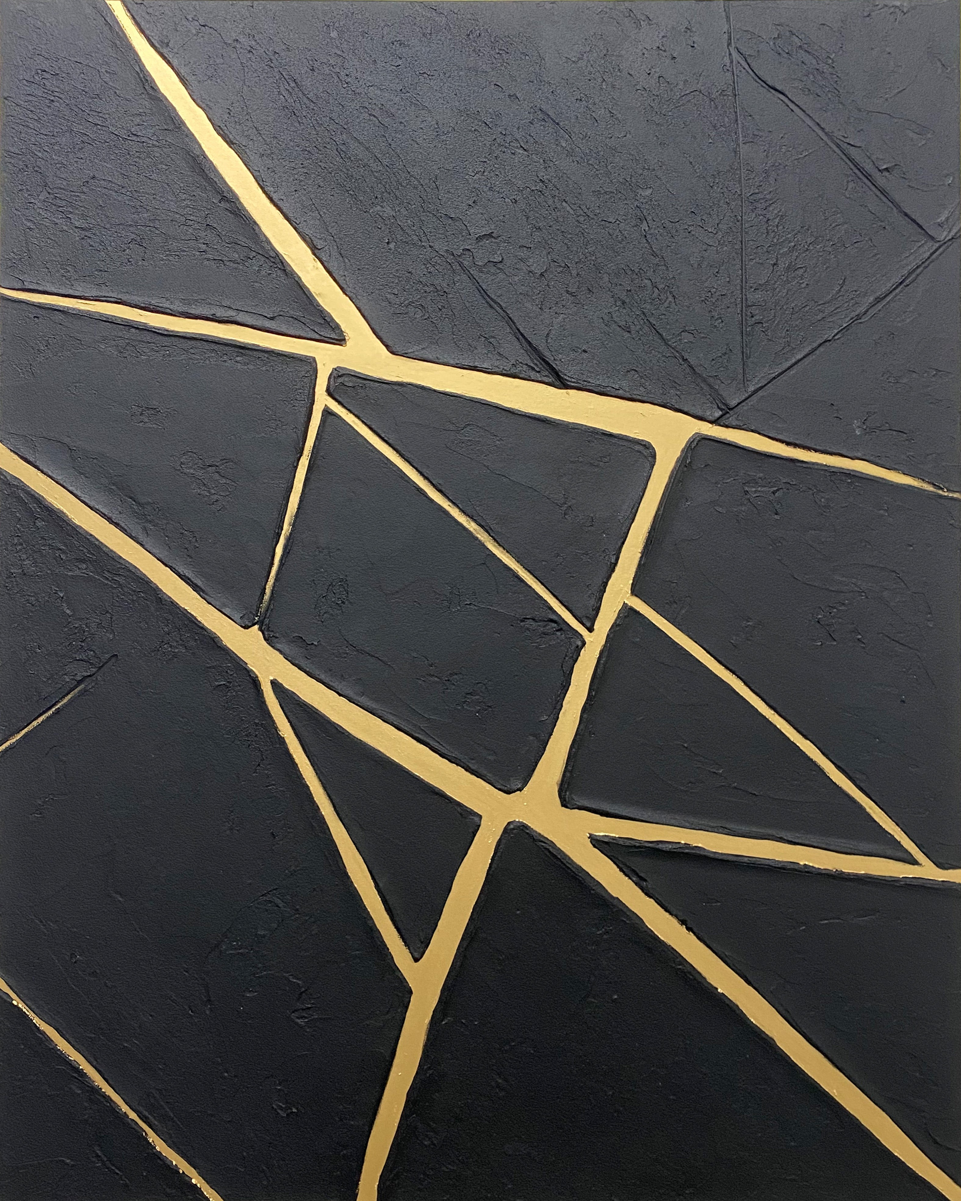 Contemporary Black Impasto with Luminous Linear Gold Markings #BGA 277