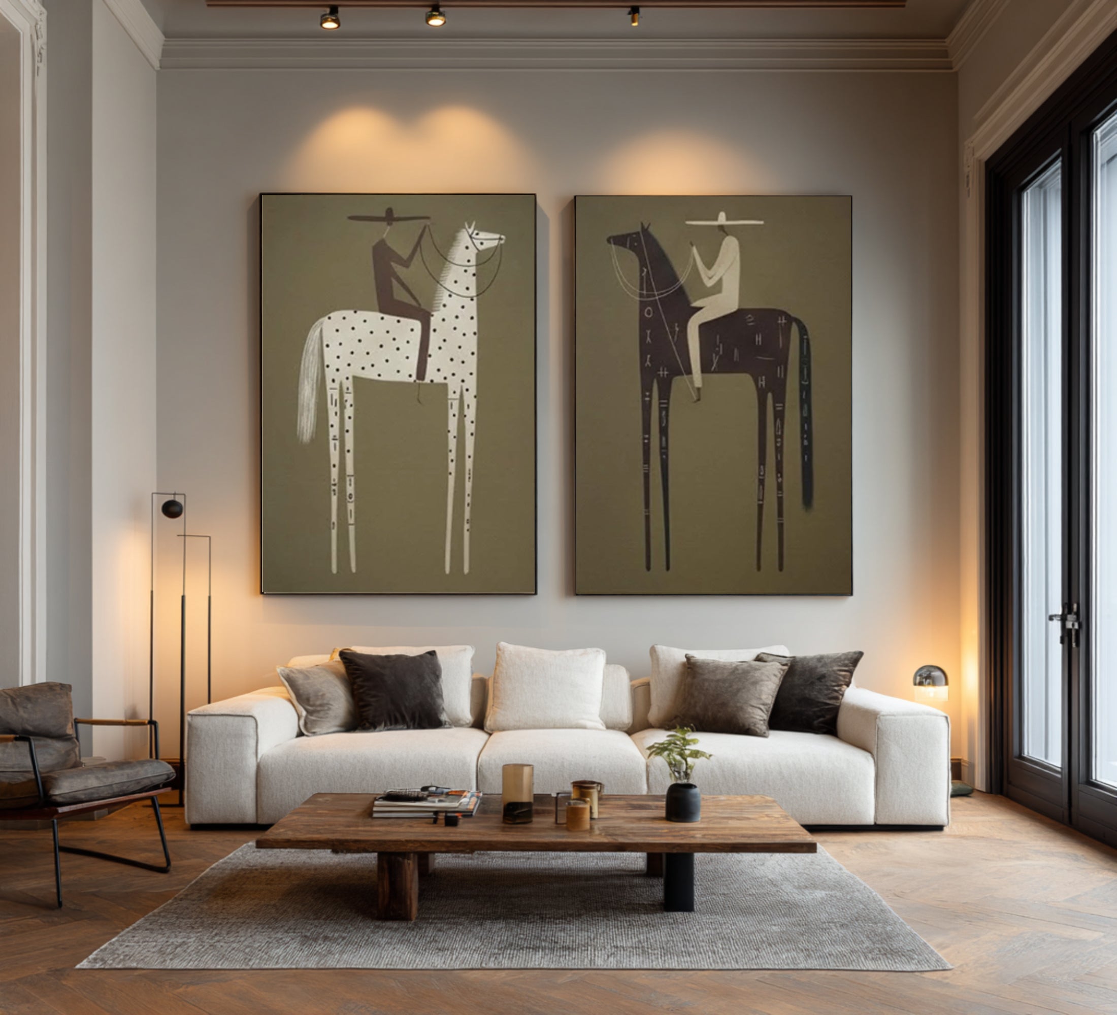 Large Tribal Horse Wall Art Contemporary Equestrian Diptych Painting