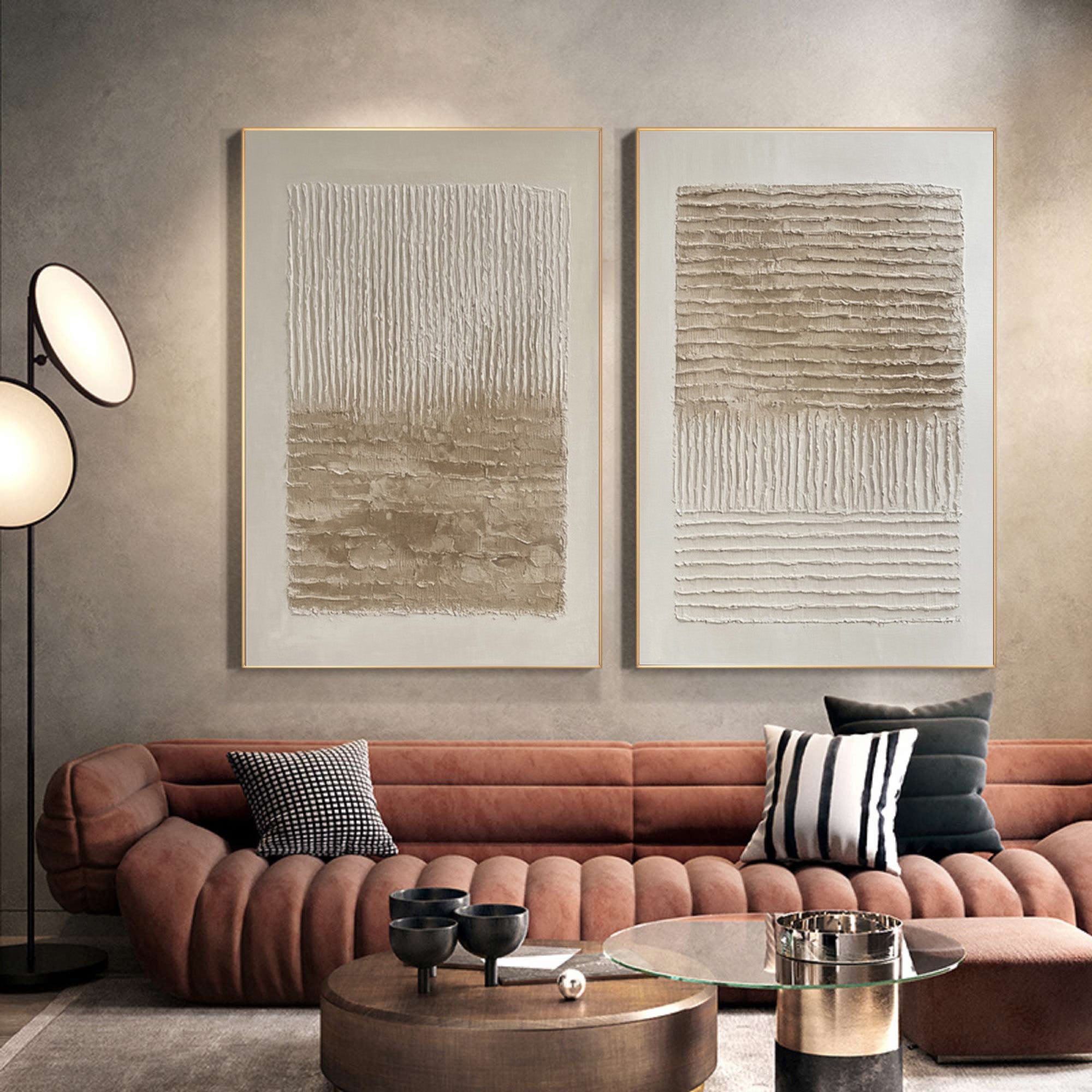 Minimalist Abstract Diptych in Neutral Linear Relief #BGA 276