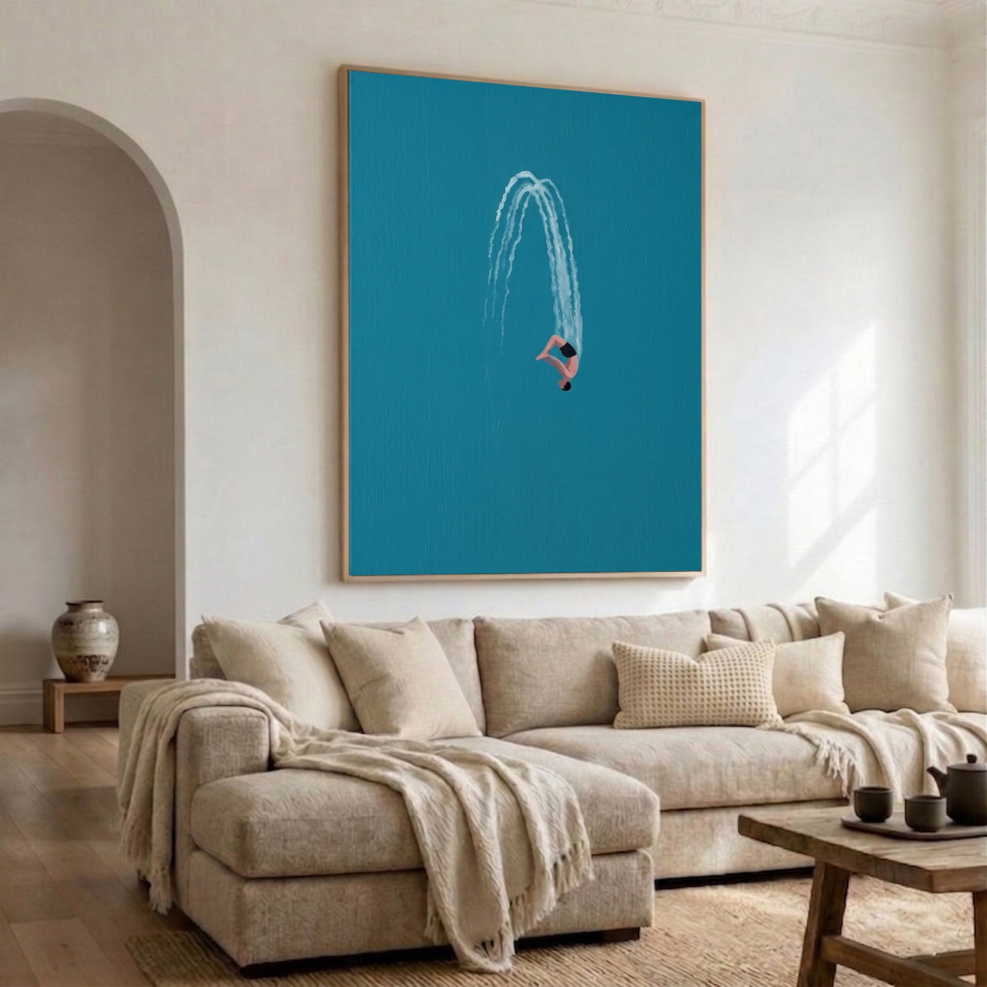 Large Swimming Wall Art Modern Diver Oil Painting Minimalist Coastal Artwork