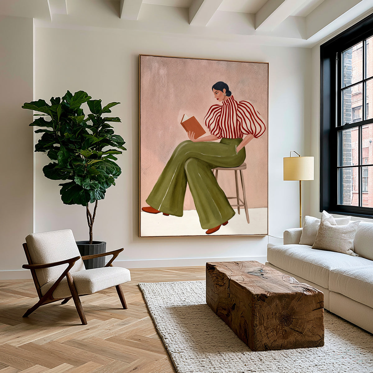Large Textured Oil Painting Woman Reading Striped Blouse Olive Green Trousers