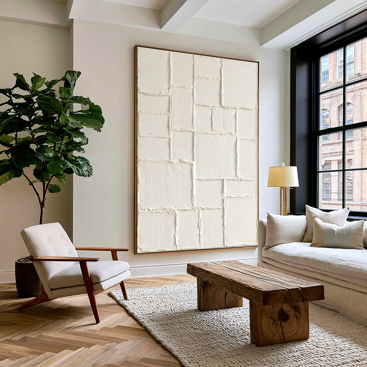 Large Neutral Geometric Patchwork Relief Wall Art Ivory Cream Abstract Oil Painting Raised Rectangular Blocks Textured Sculptural Artwork Modern Minimalist Luxury Home Decor