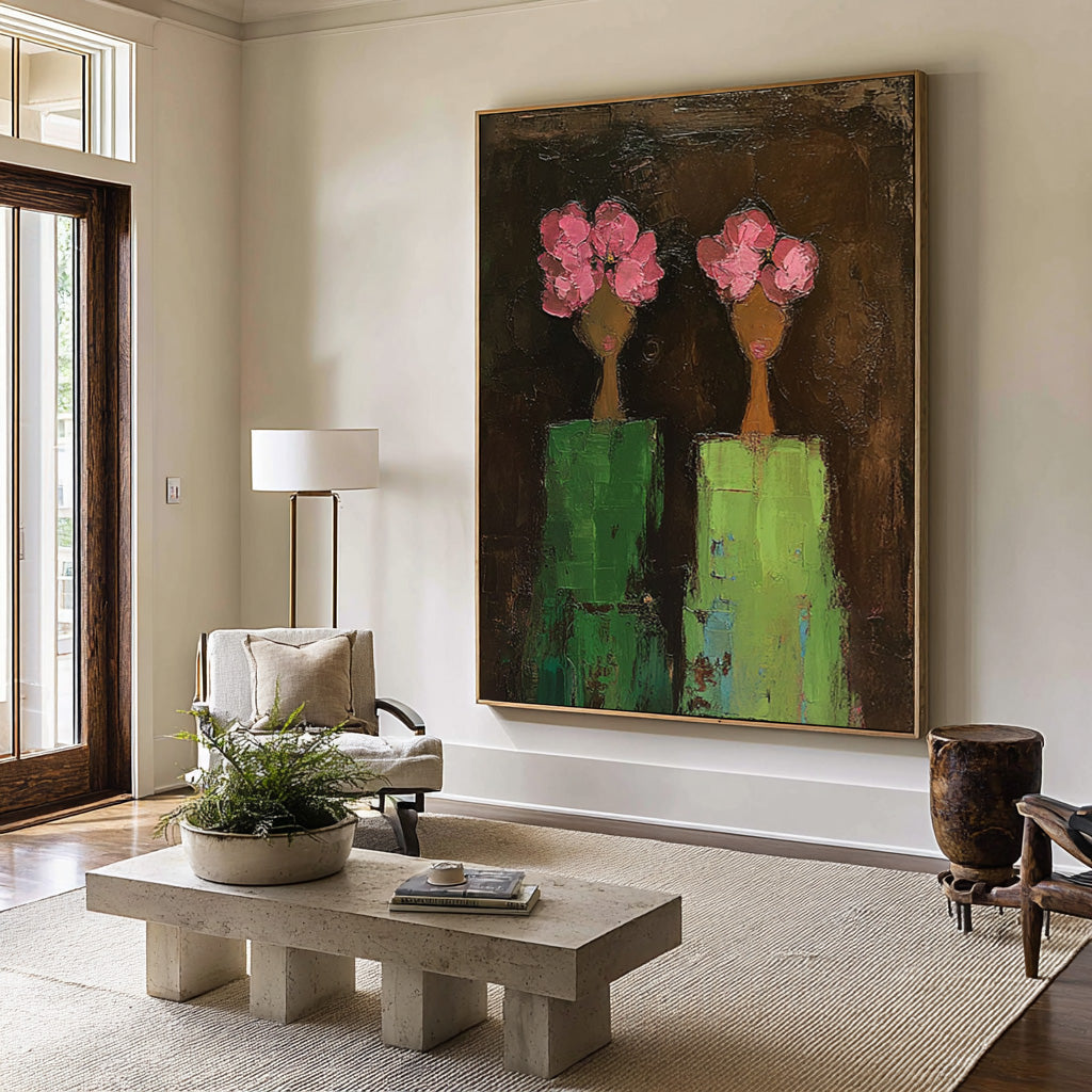 Large Modern Figurative Oil Painting on Canvas – Pink Floral Portrait Statement Wall Art #WAC 039