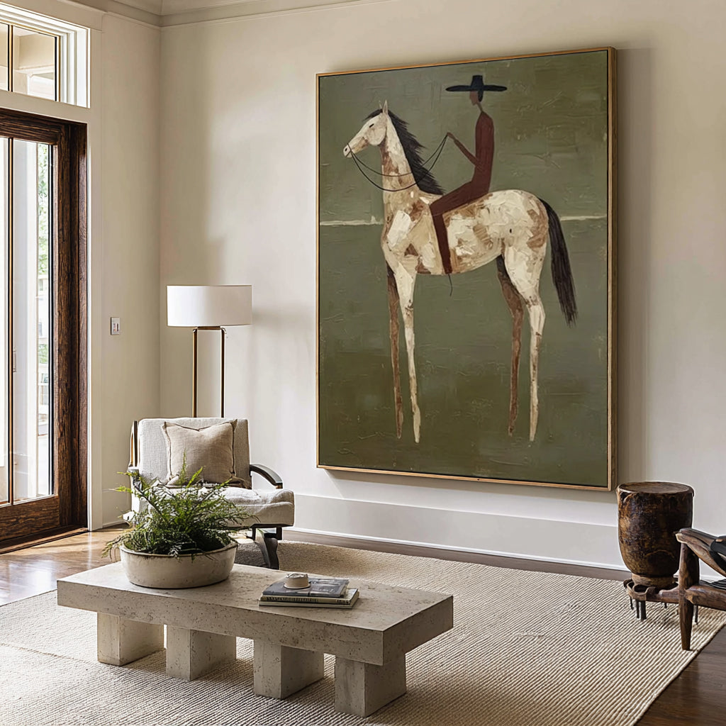 Large Minimalist Horse Rider Painting Contemporary Olive Green Wall Decor