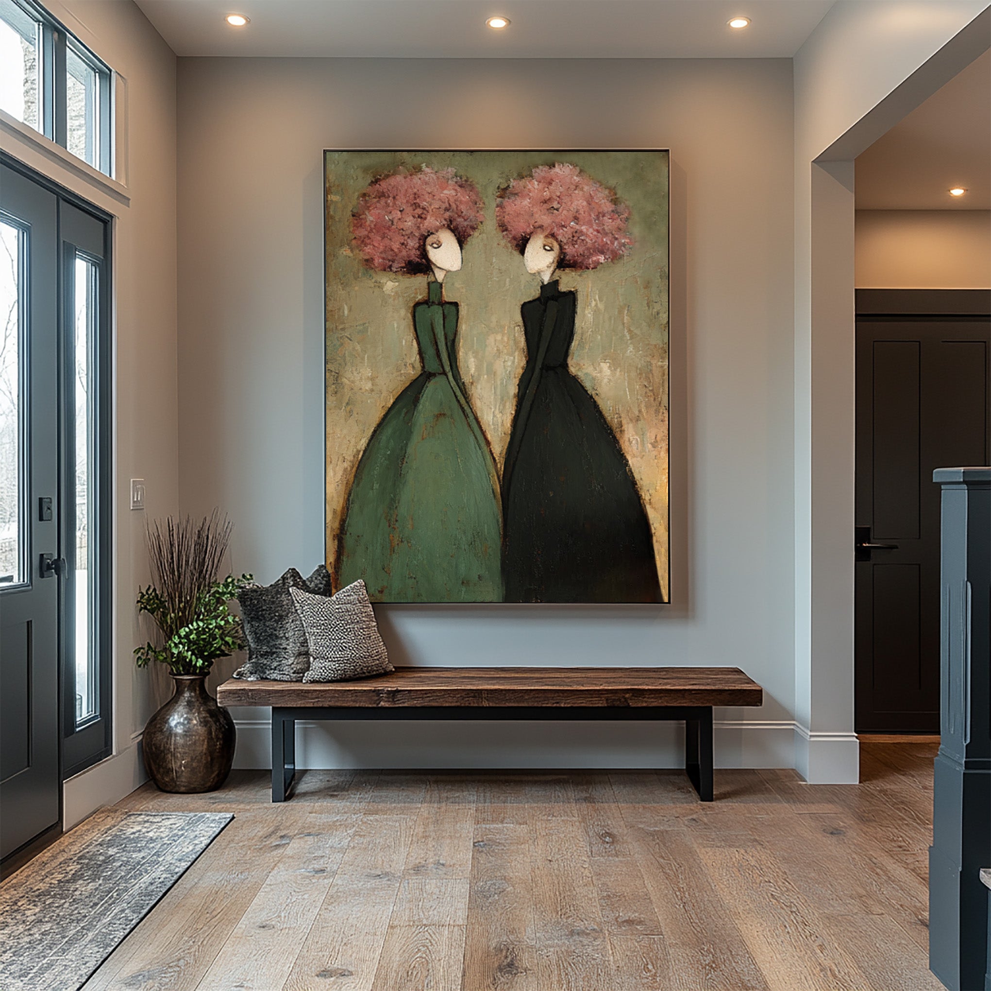 Large Contemporary Portrait Oil Painting on Canvas – Green and Pink Modern Wall Art #WAC 035