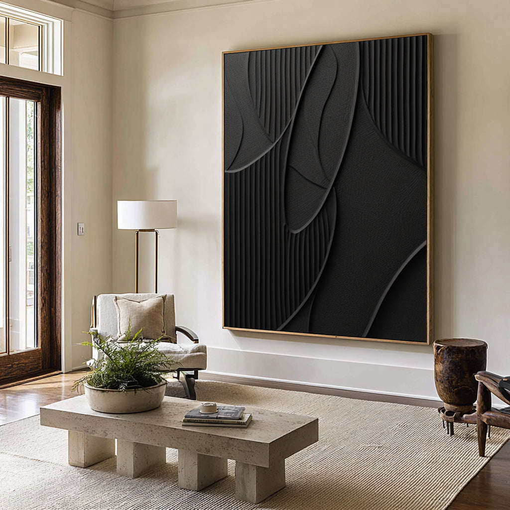 Large Modern Abstract Oil Painting, Black Textured Luxury Wall Art for Contemporary Interiors #WAC 016