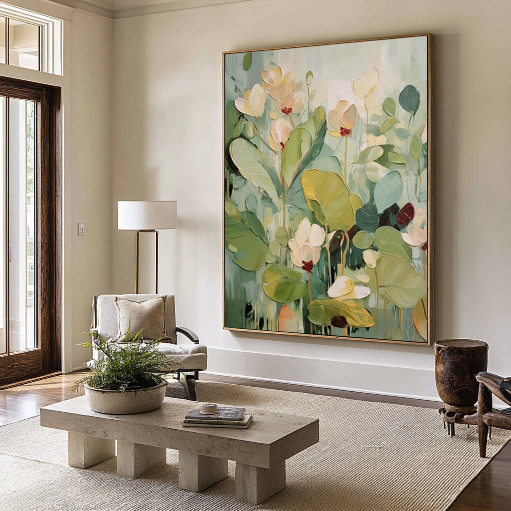 Large Botanical Floral Painting Green Neutral Wall Art