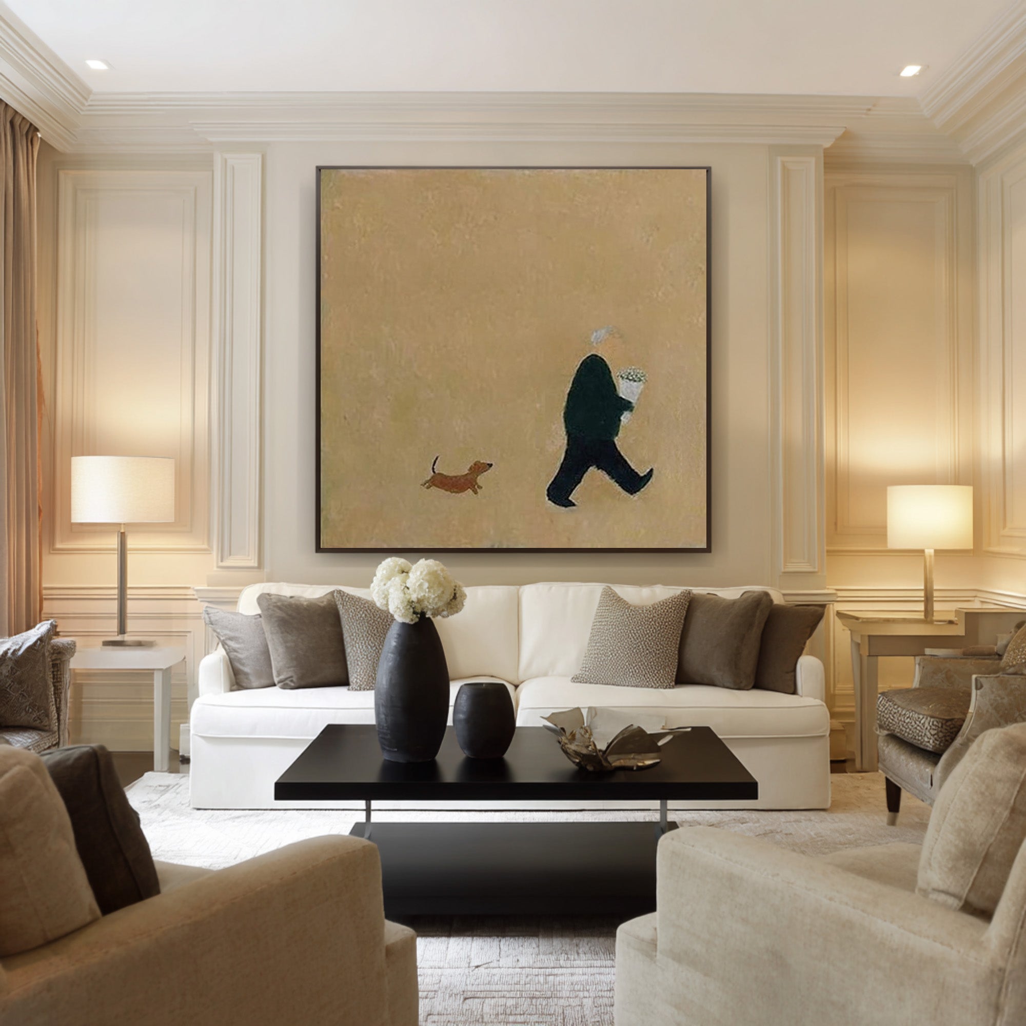 Large Minimalist Figure and Dog Abstract Oil Painting, Warm Modern Wall Art for Home Decor #WAC 015