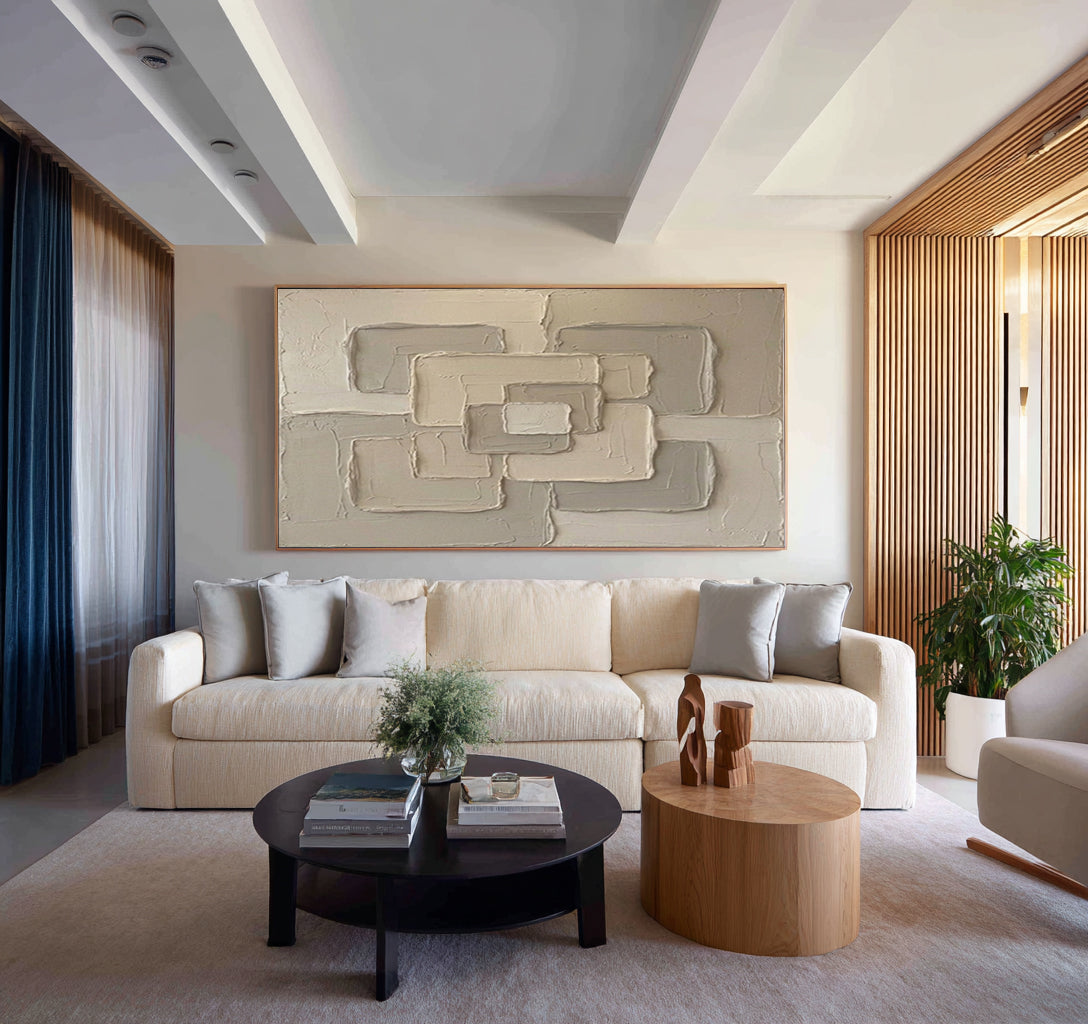 Large Neutral Interlocking Geometric Wall Art Hand Painted Textured Canvas