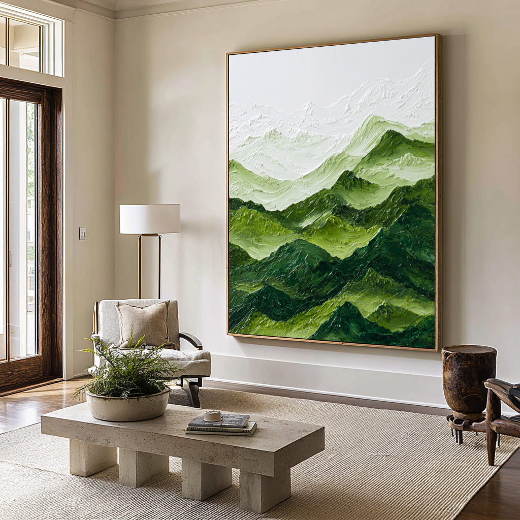 Large Textured Abstract Oil Painting, Green Mountain Landscape Wall Art for Modern Living Room #WAC 005