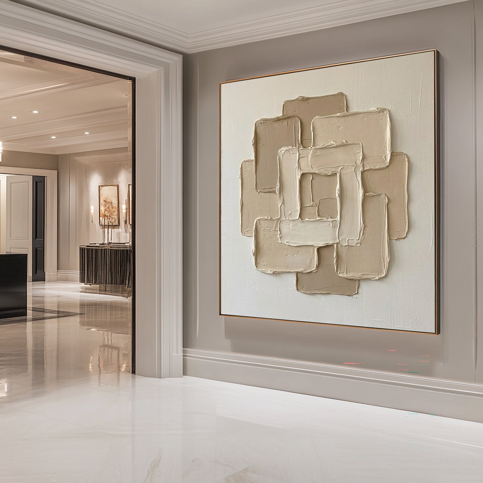 Large Textured Canvas Oil Painting – Minimalist Beige Wall Artwork