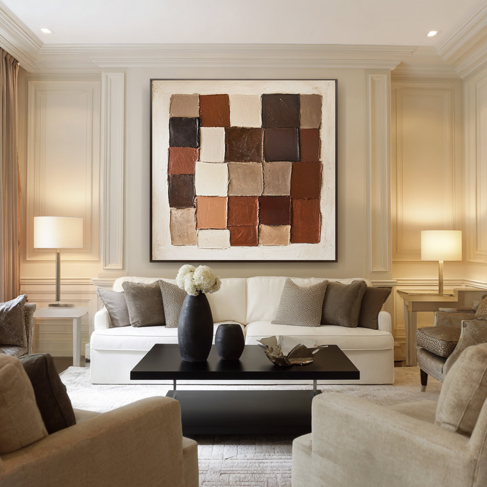 Large Modern Abstract Oil Painting, Earth-Tone Geometric Wall Art for Contemporary Interiors #WAC 008