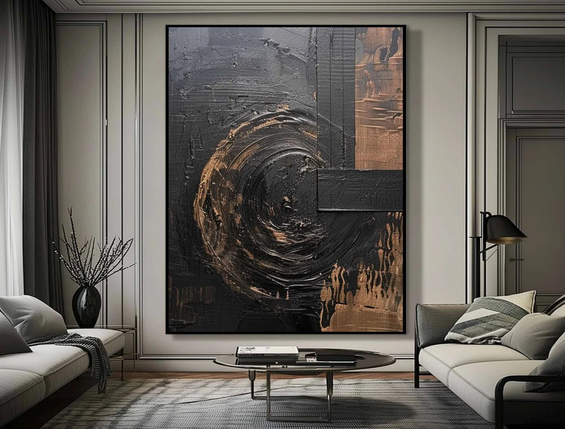Dramatic Black and Bronze Wall Art, Textured Canvas #BGA 144