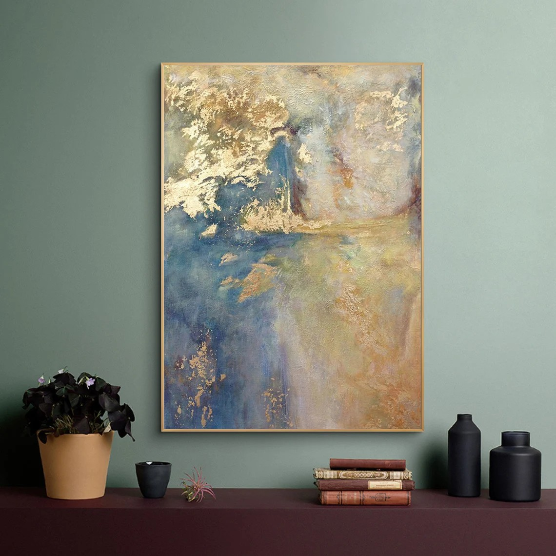 Modern Light Blue and Gold Art, Metallic Accents Canvas #BGA 147