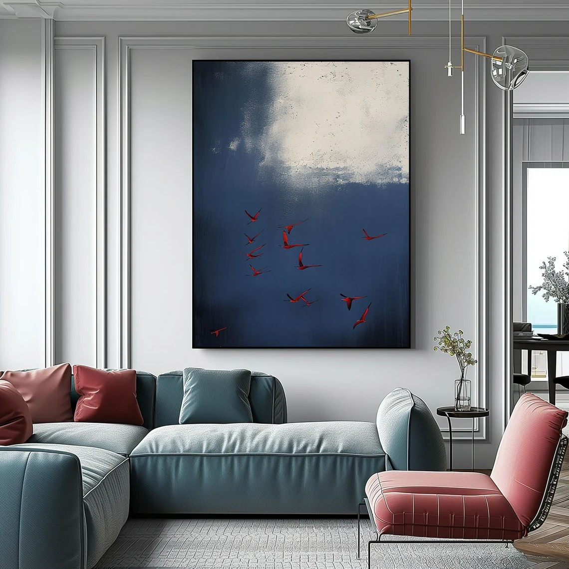 Surreal Dark Blue Sky With Red Birds, Unique Wall Decor #BGA 142