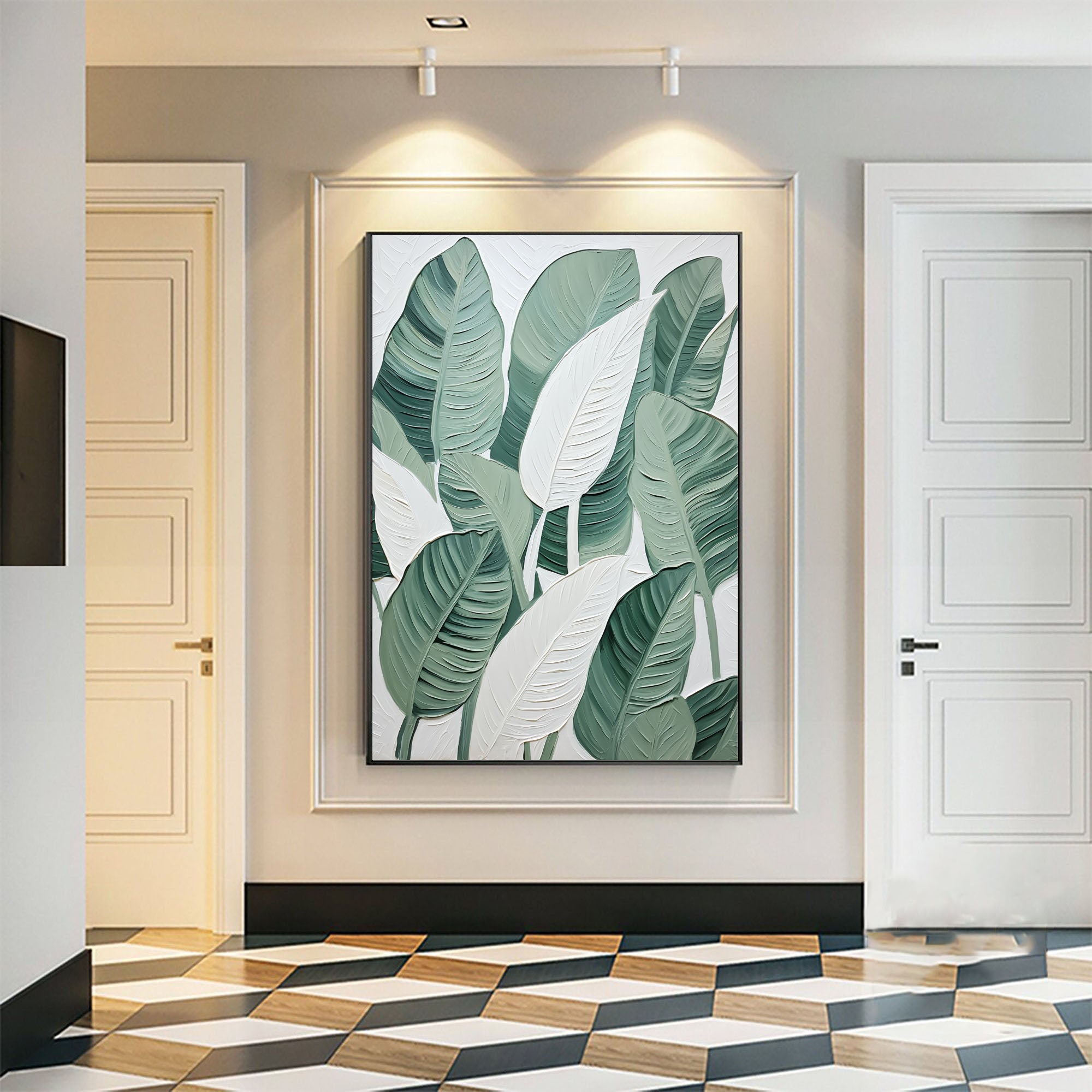 Leaf Symphony: Green and White Botanical Wall Art #BGM 049