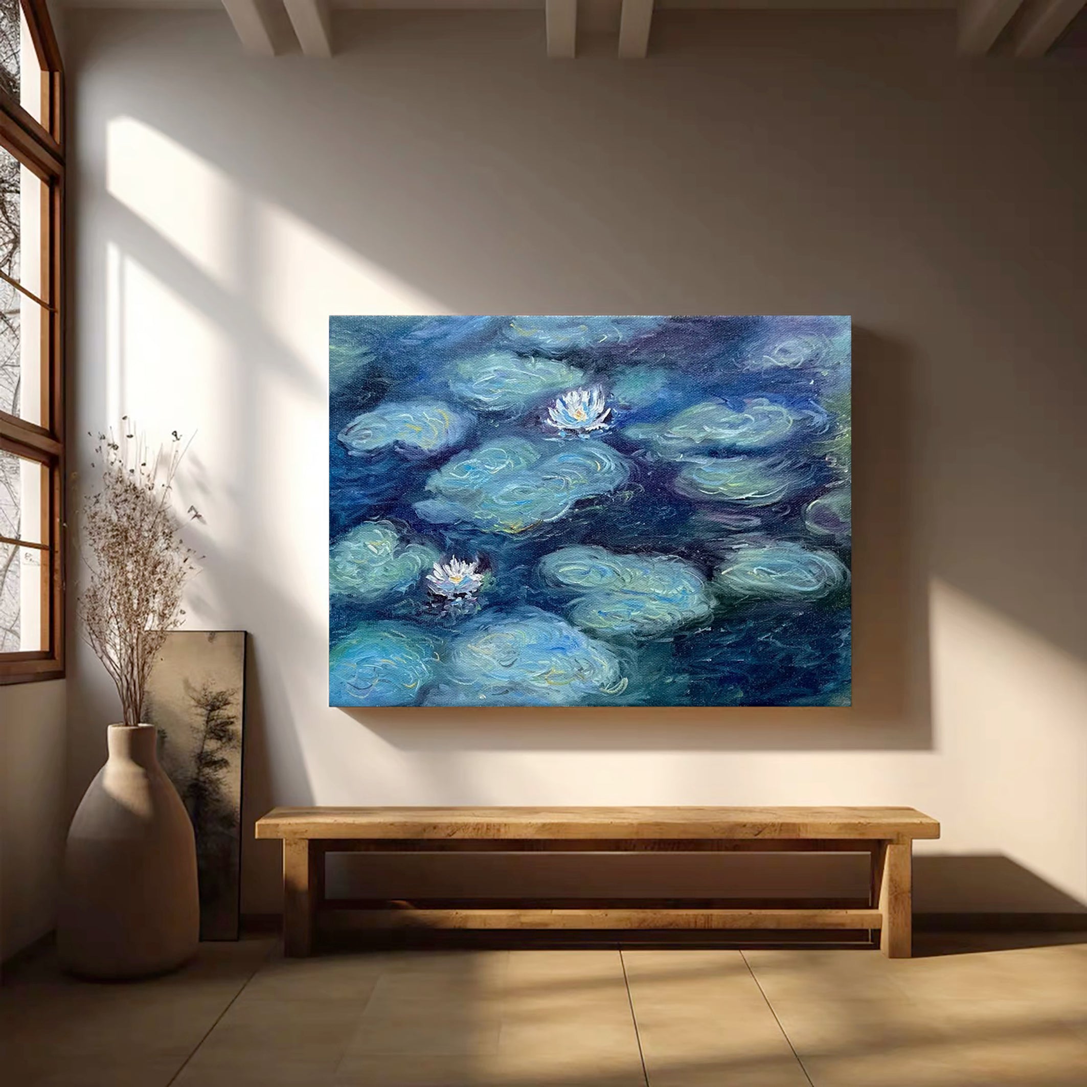 Deep Water Bloom: Monet-Esque Lilies, Deep Blue Landscape #BGA 189