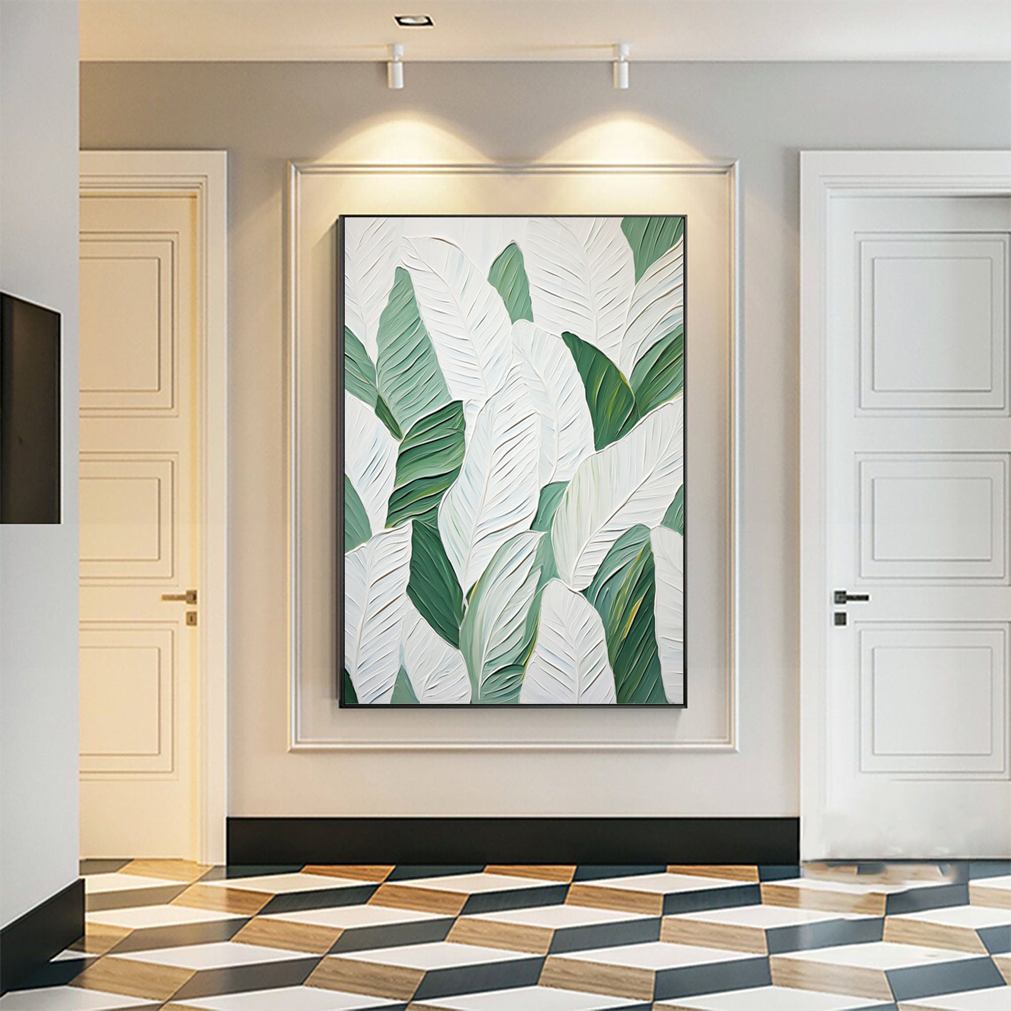 Leaf Symphony: Green and White Botanical Wall Art #BGM 050