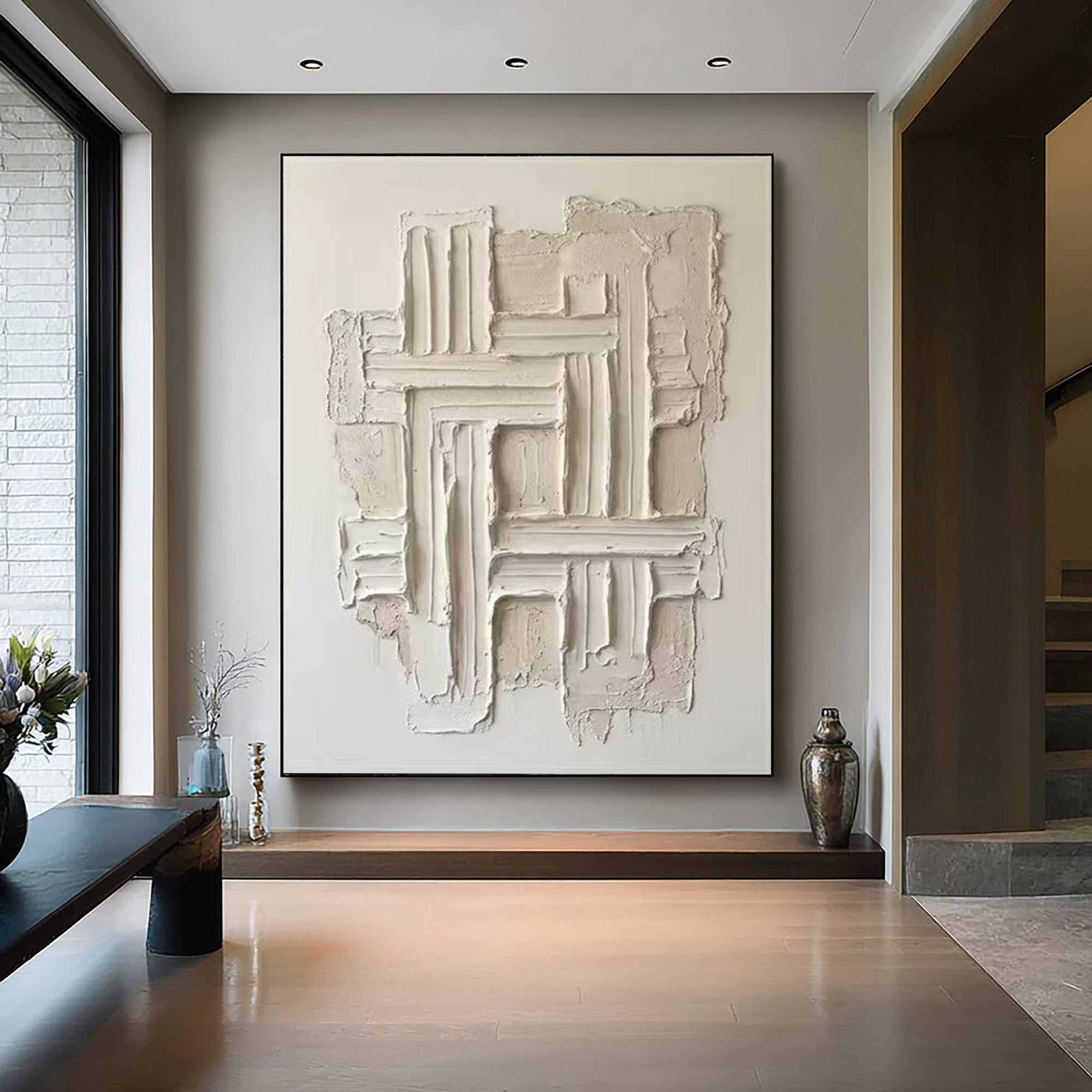 Large Linear Texture Oil Painting – Modern Neutral Abstract Wall Art