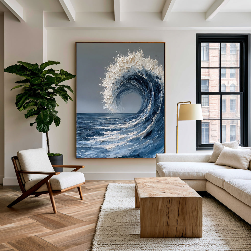 Large Ocean Wave Wall Art Textured Oil Painting Abstract Sea Wave Artwork Coastal Blue Ocean Decor Modern Luxury Interior Design