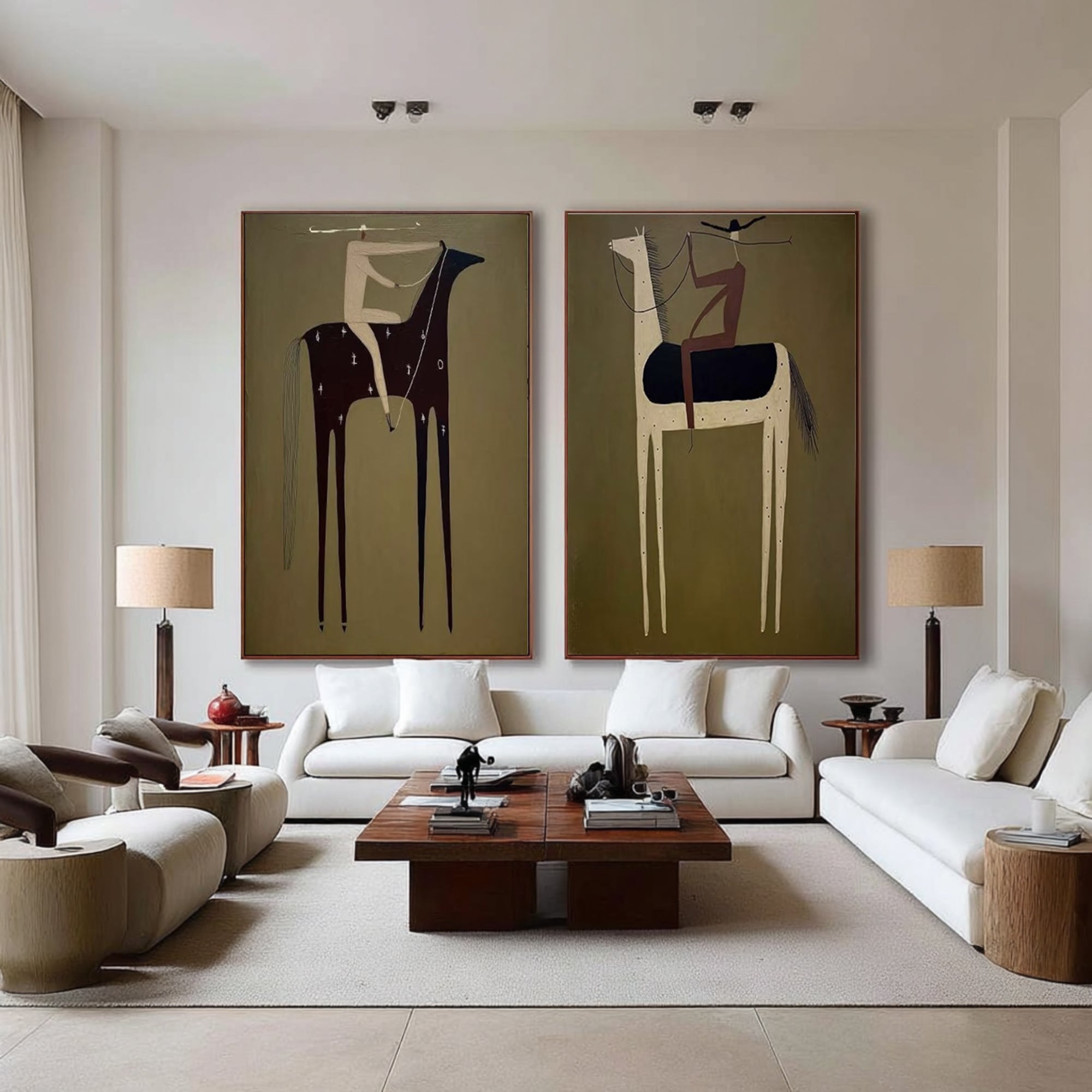 Large Modern Equestrian Wall Art Minimalist Horse and Rider Diptych