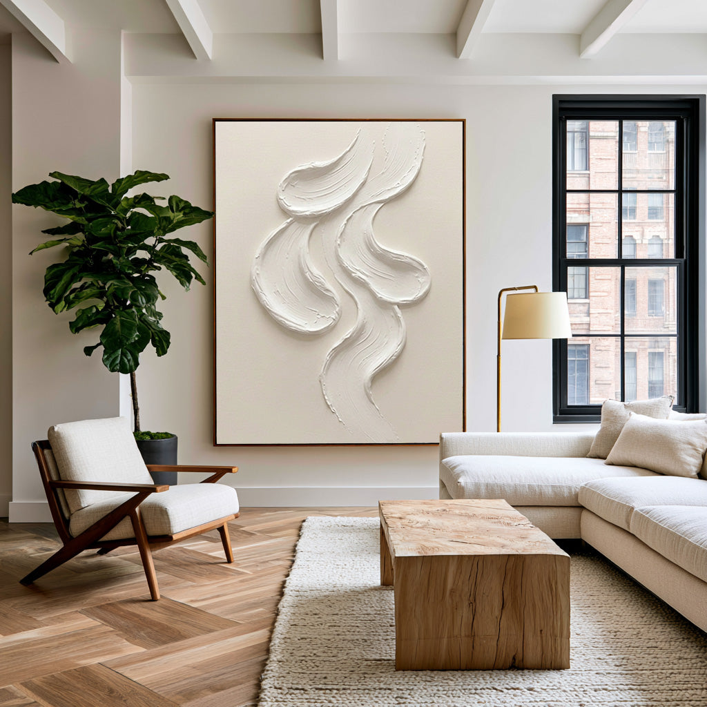 Large Abstract White Wall Art Textured Oil Painting Minimalist Sculptural Artwork Modern Neutral Contemporary Interior Decor