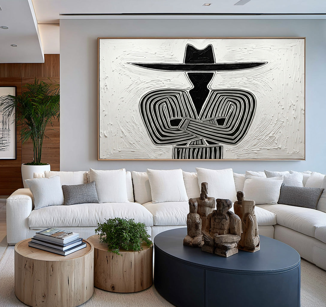 Large Textured Cowboy Portrait Minimalist Black White Western Wall Art
