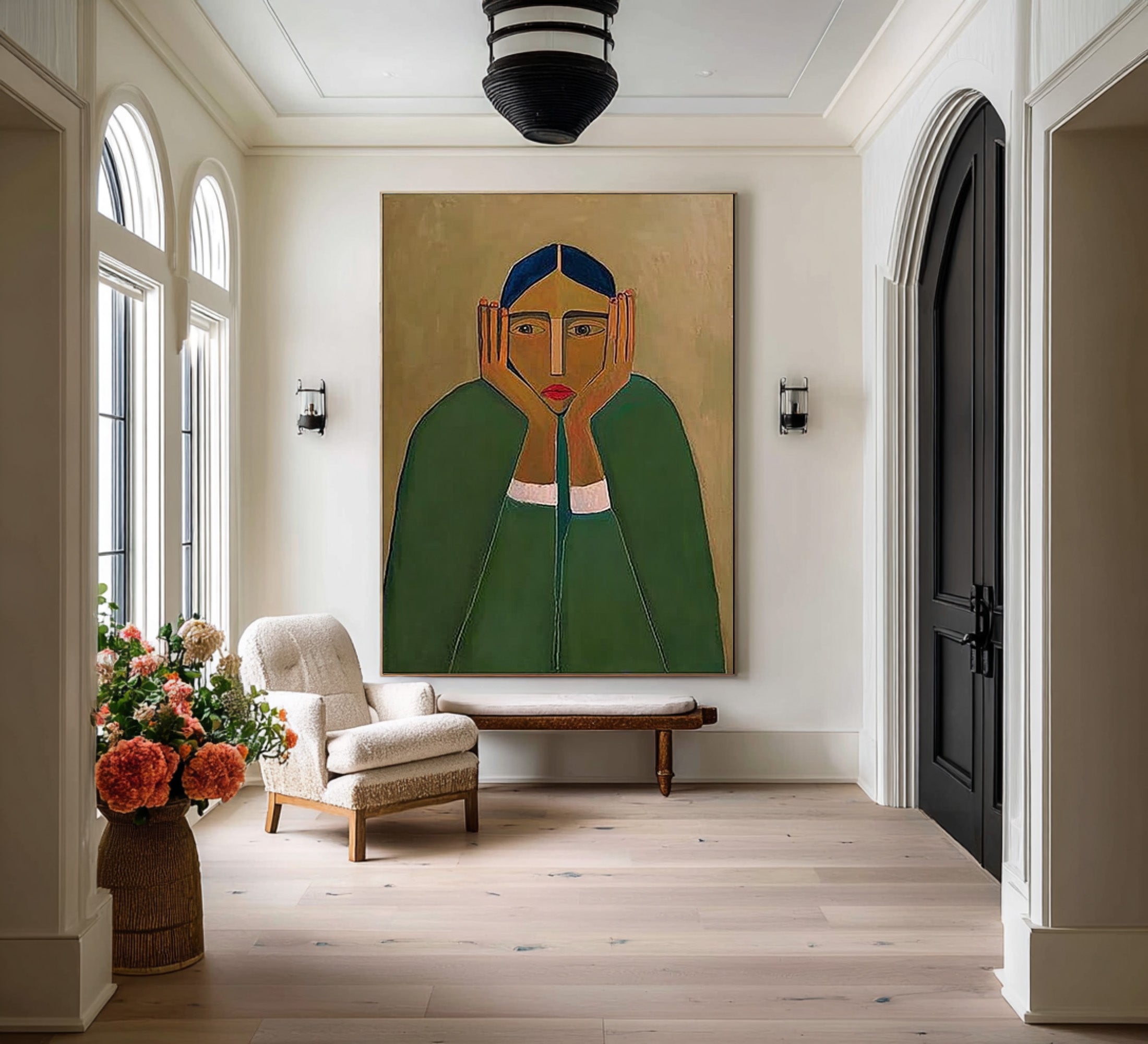 Large Abstract Portrait Oil Painting on Canvas – Green Figurative Statement Wall Art #WAC 032
