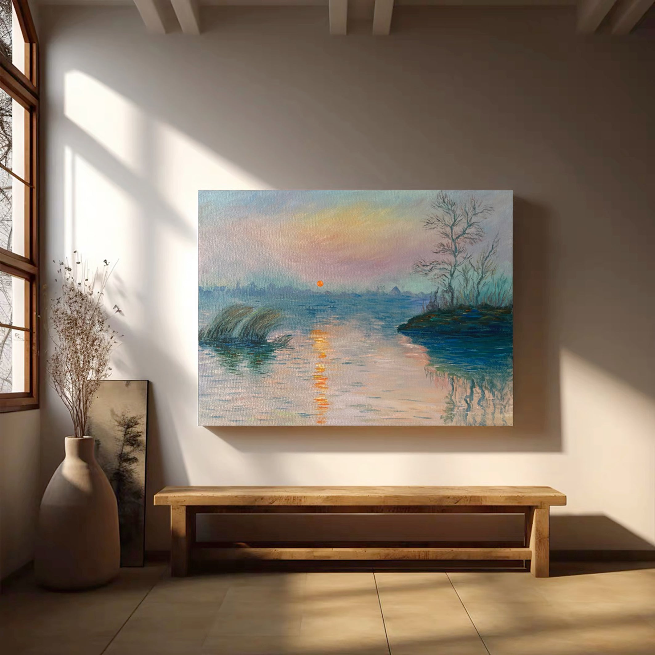 Shoreline Hues: Monet-Style Sunset, Atmospheric Water Art #BGA 191