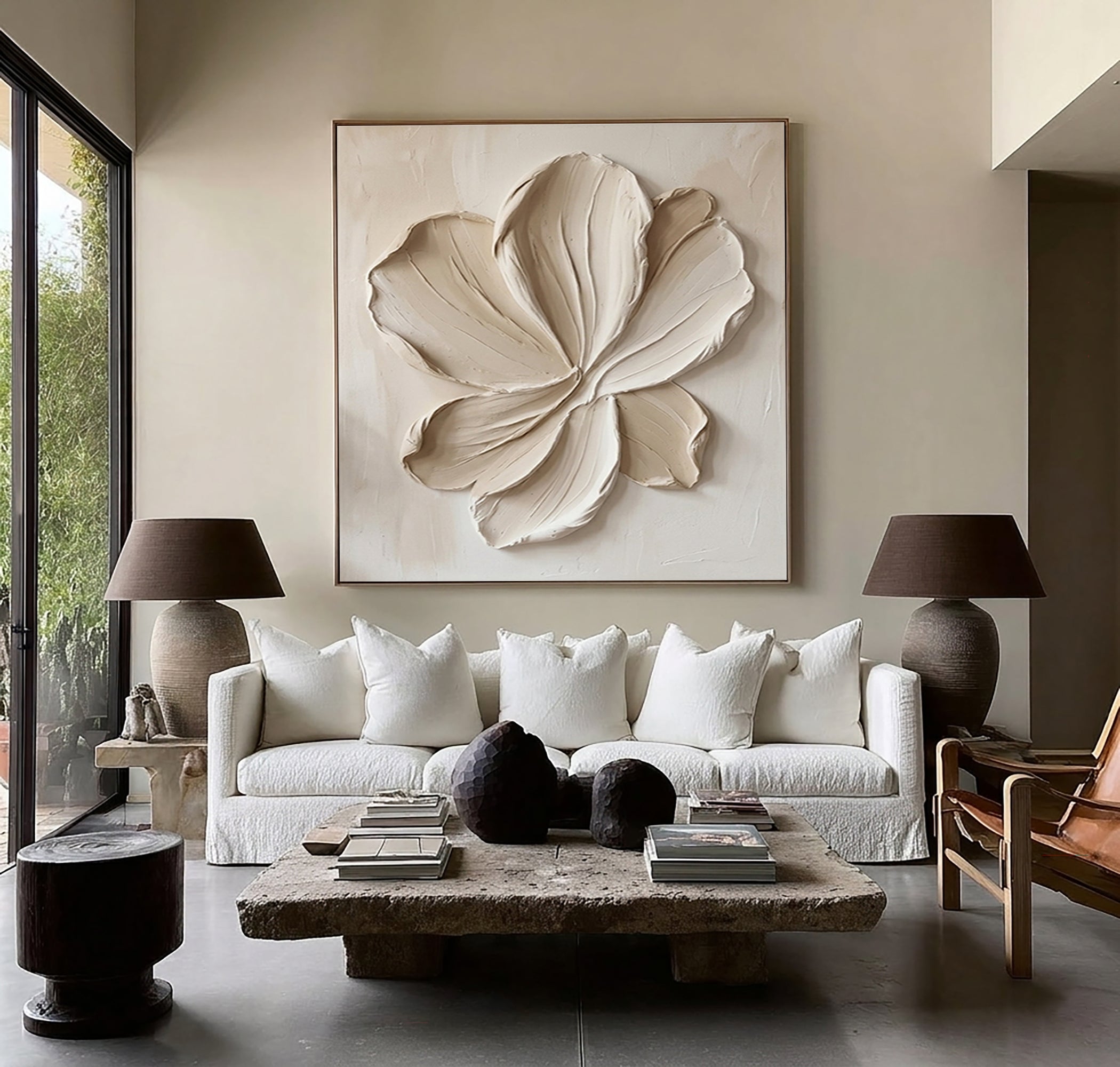Large Floral Textured Wall Art Hand Painted Neutral Canvas Painting