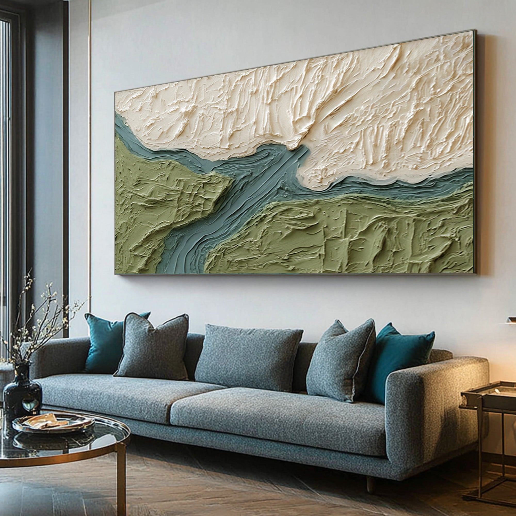 Large Modern Abstract Oil Painting, Green Landscape Textured Wall Art for Living Room #WAC 025