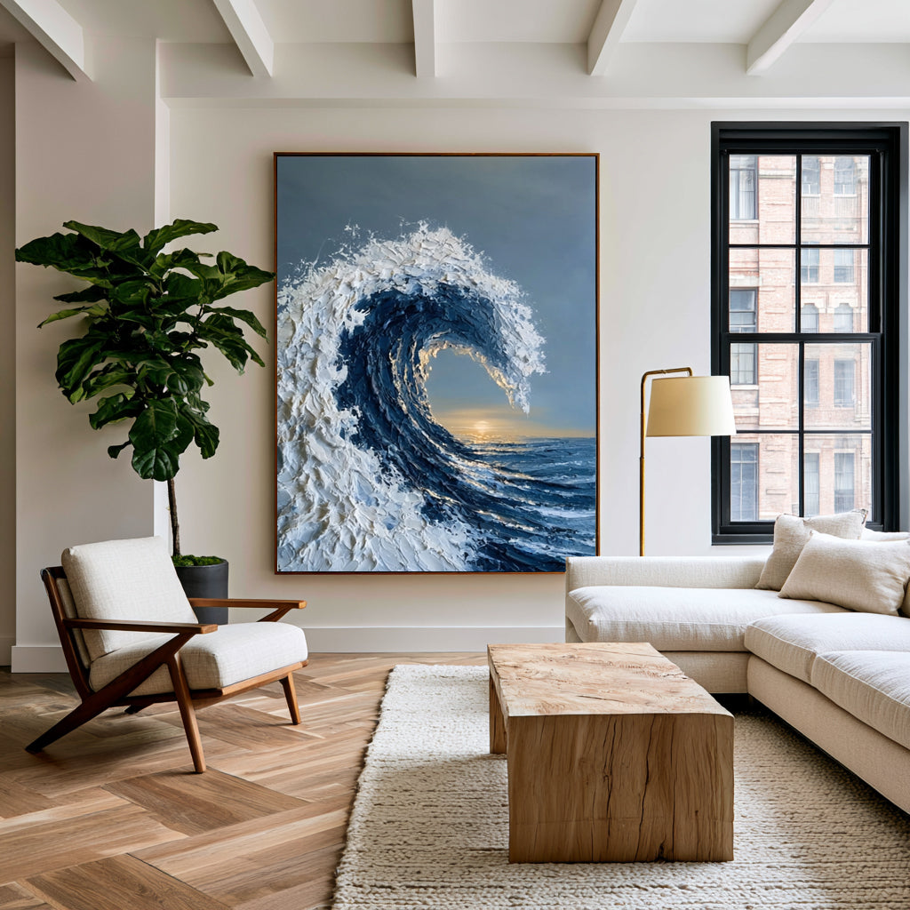 Large Ocean Wave Wall Art Textured Oil Painting Coastal Seascape Golden Horizon Blue Sea Abstract Artwork Modern Luxury Decor