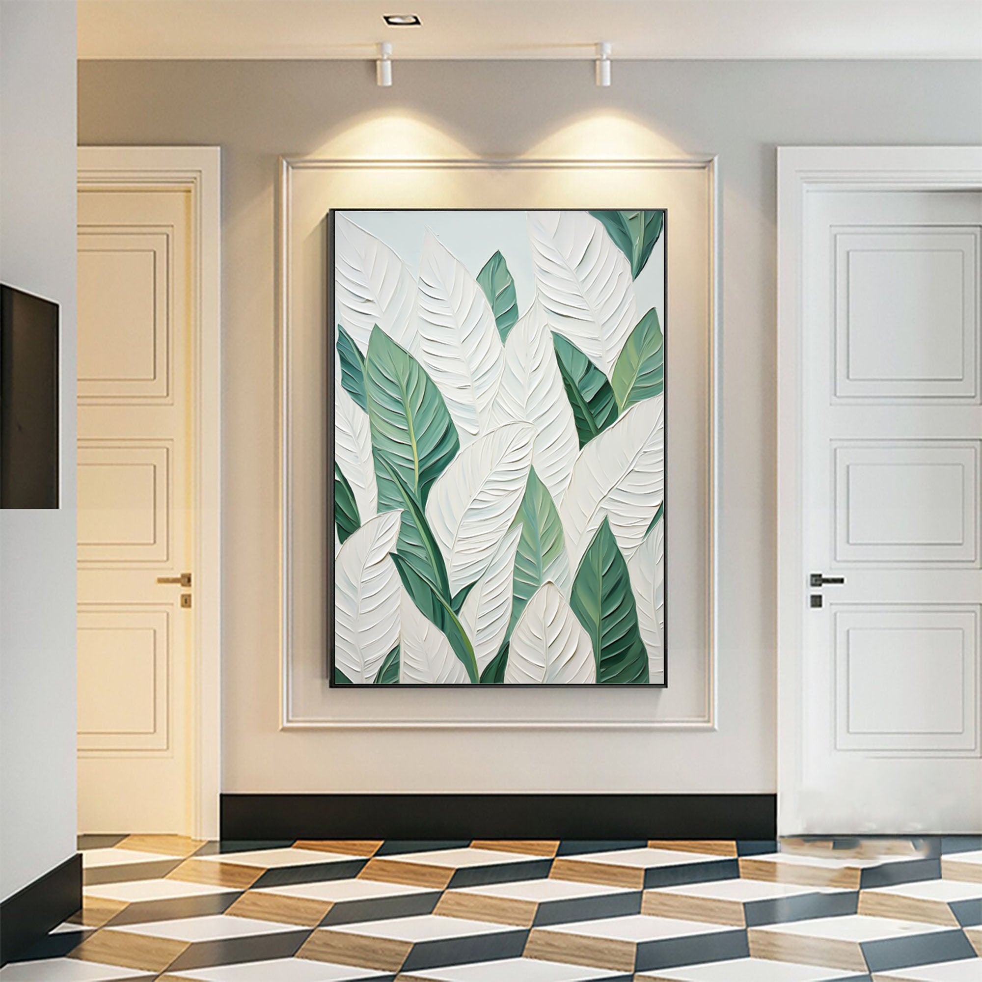 Leaf Symphony: Green and White Botanical Wall Art #BGM 048