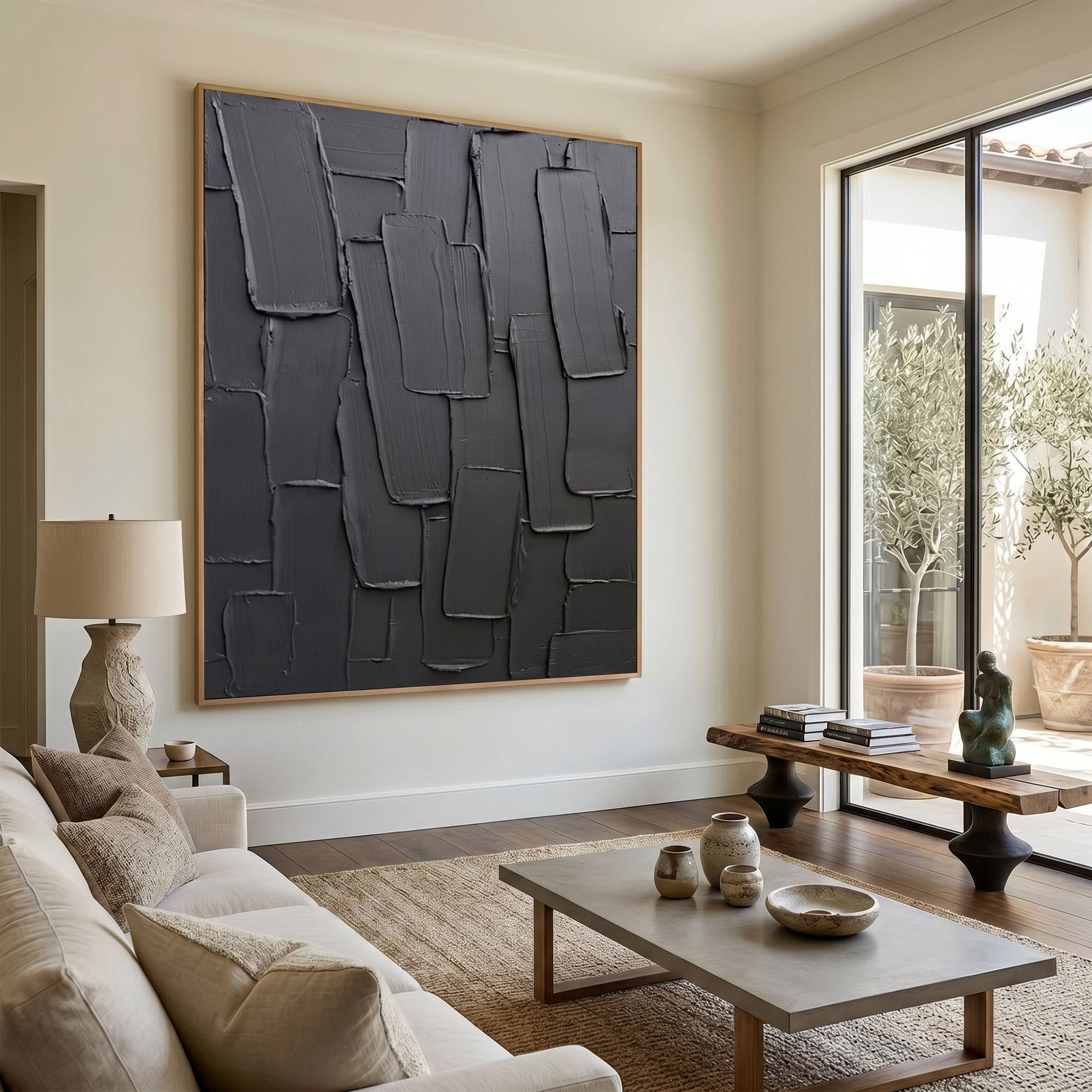 Dark Gray Textured Wall Art Abstract Plaster Relief Painting Modern 3D Impasto Minimalist Luxury Decor