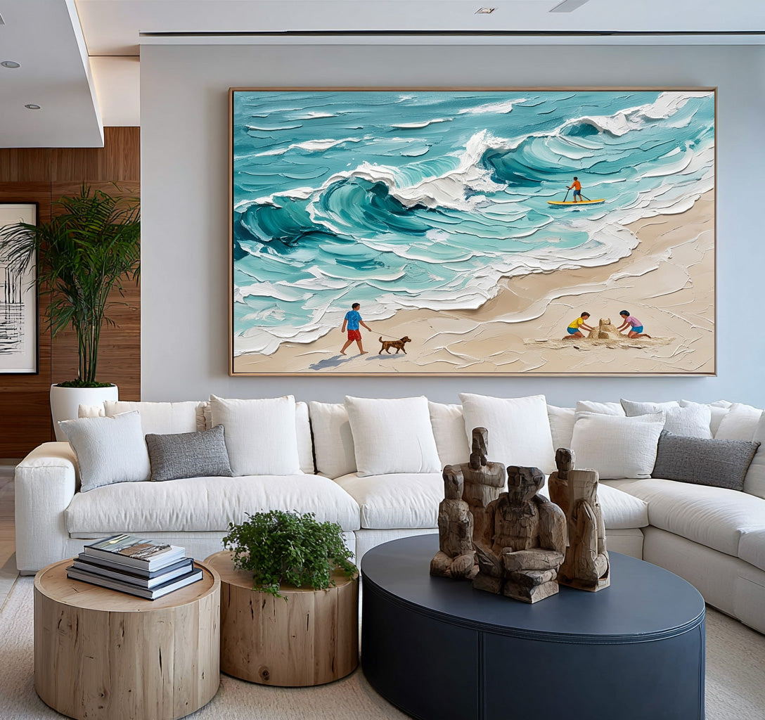 Large Textured Beach Painting Hand Painted Ocean Wave Coastal Wall Art