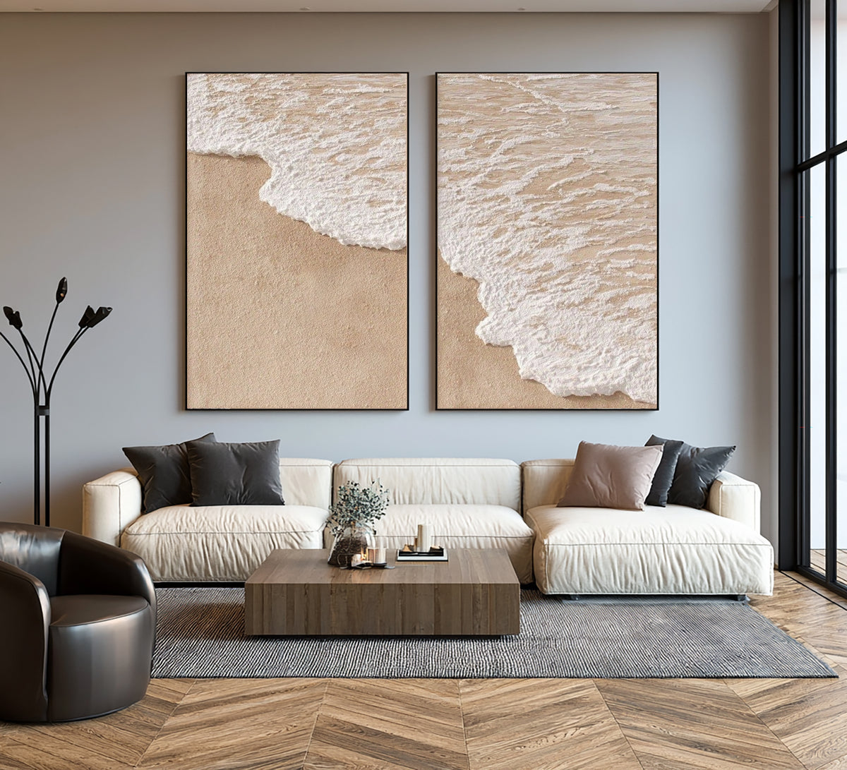 The Edge Of The Tide Large Textured Coastal Diptych White Wave Beach Wall Art Contemporary Artwork