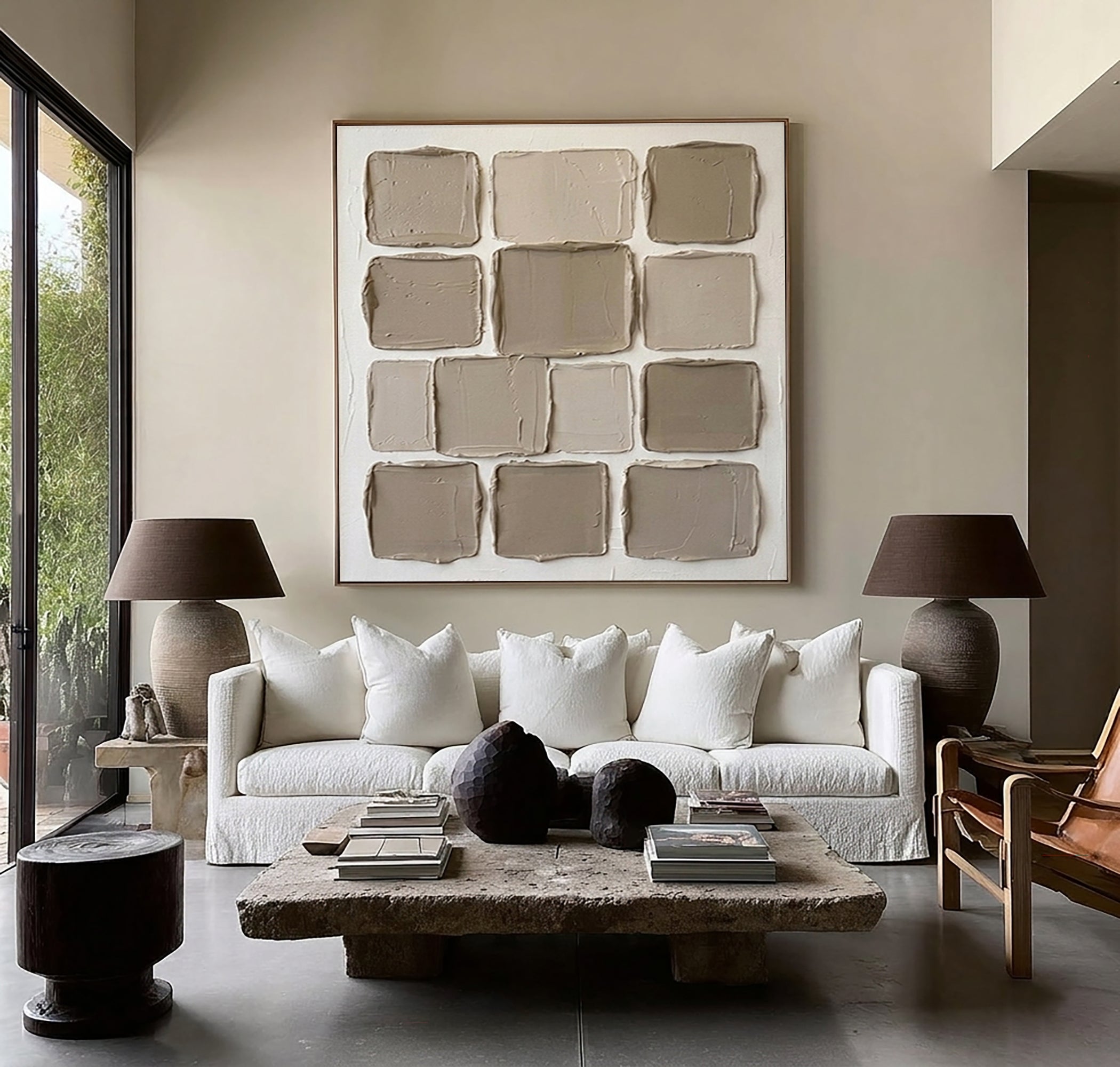 Hand Painted Neutral Relief Wall Art Contemporary Geometric Decor