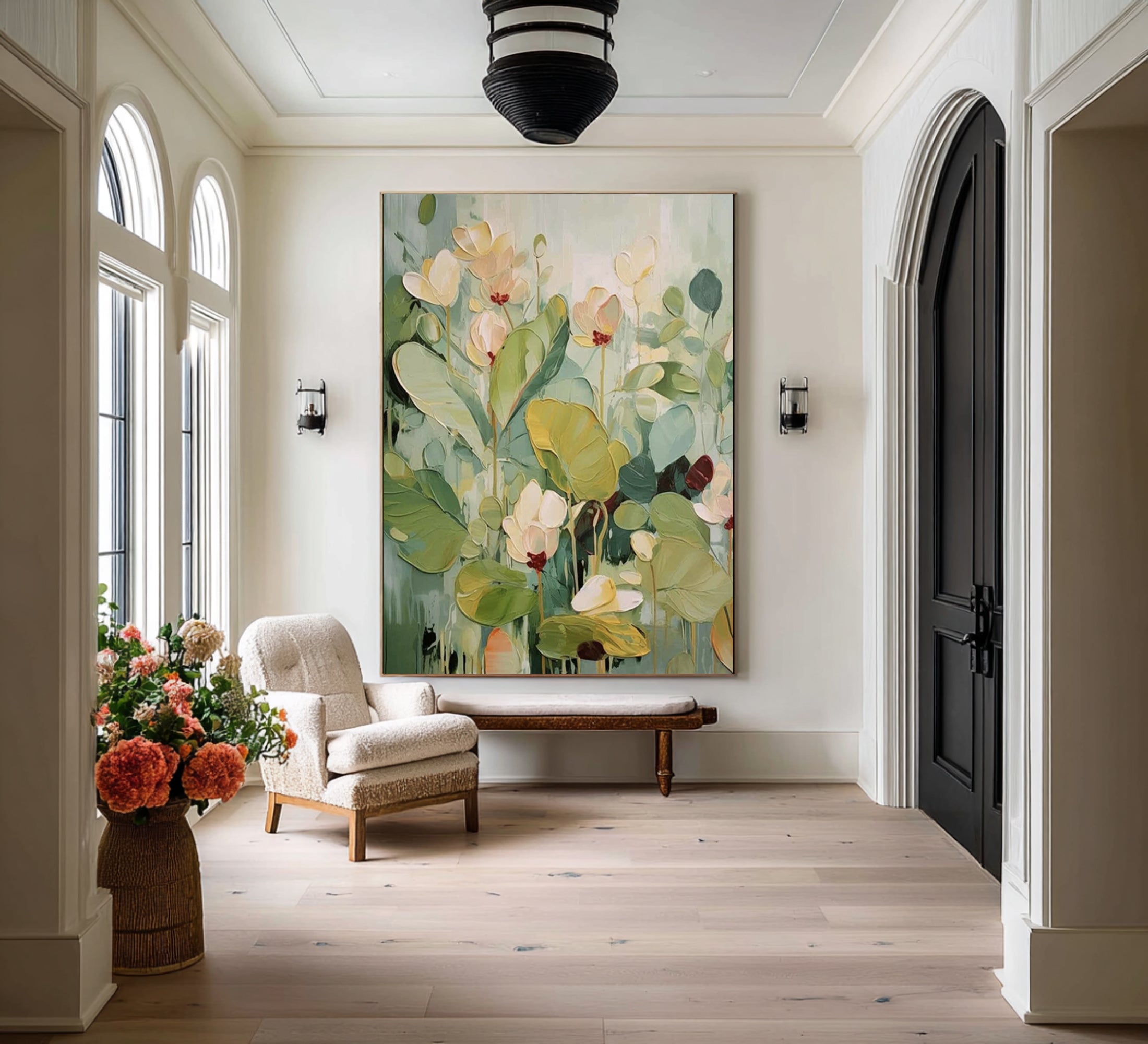 Large Botanical Floral Painting Green Neutral Wall Art