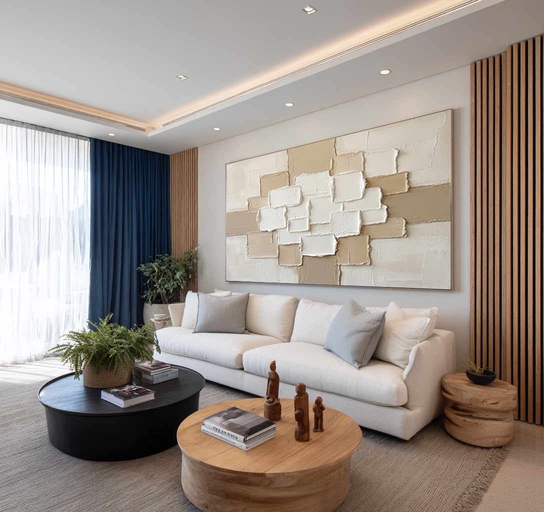 Large Beige Geometric Texture Painting Contemporary Neutral Wall Decor