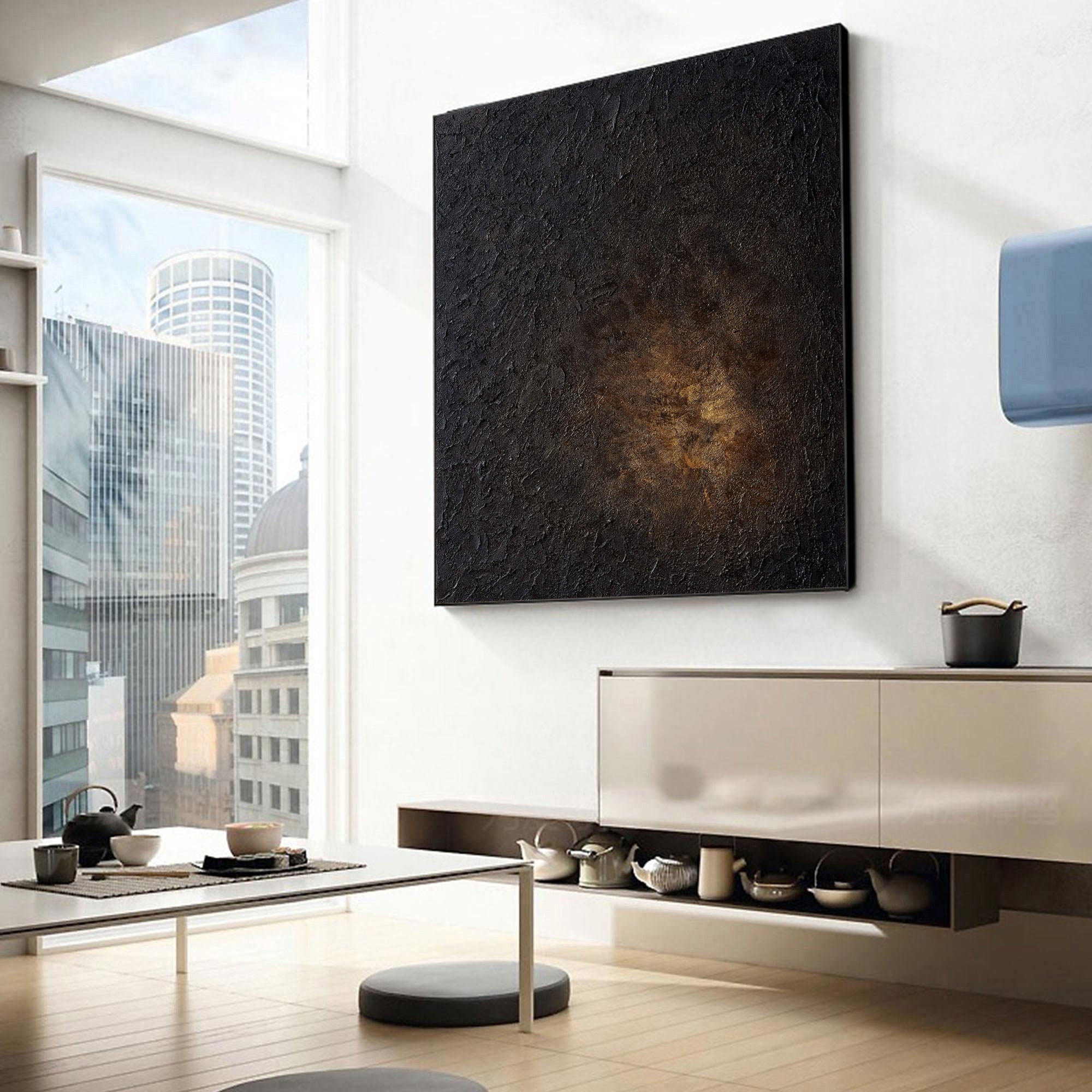 Black Impasto Canvas with Warm Glow, Square Abstraction #BGA 124