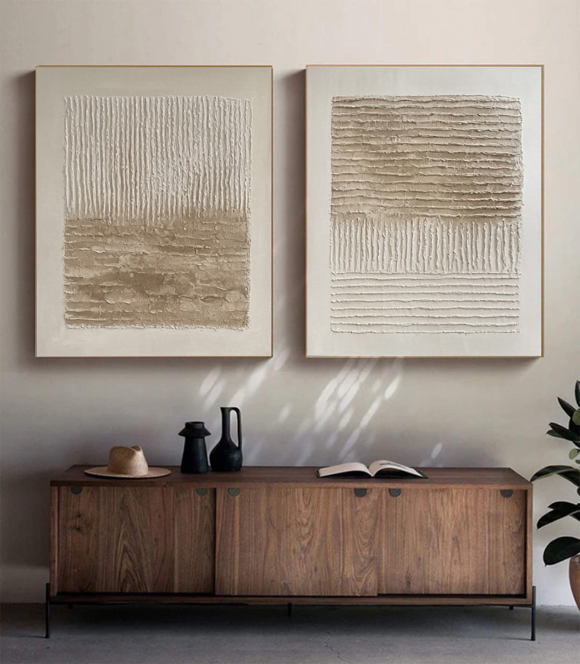 Minimalist Abstract Diptych in Neutral Linear Relief #BGA 276