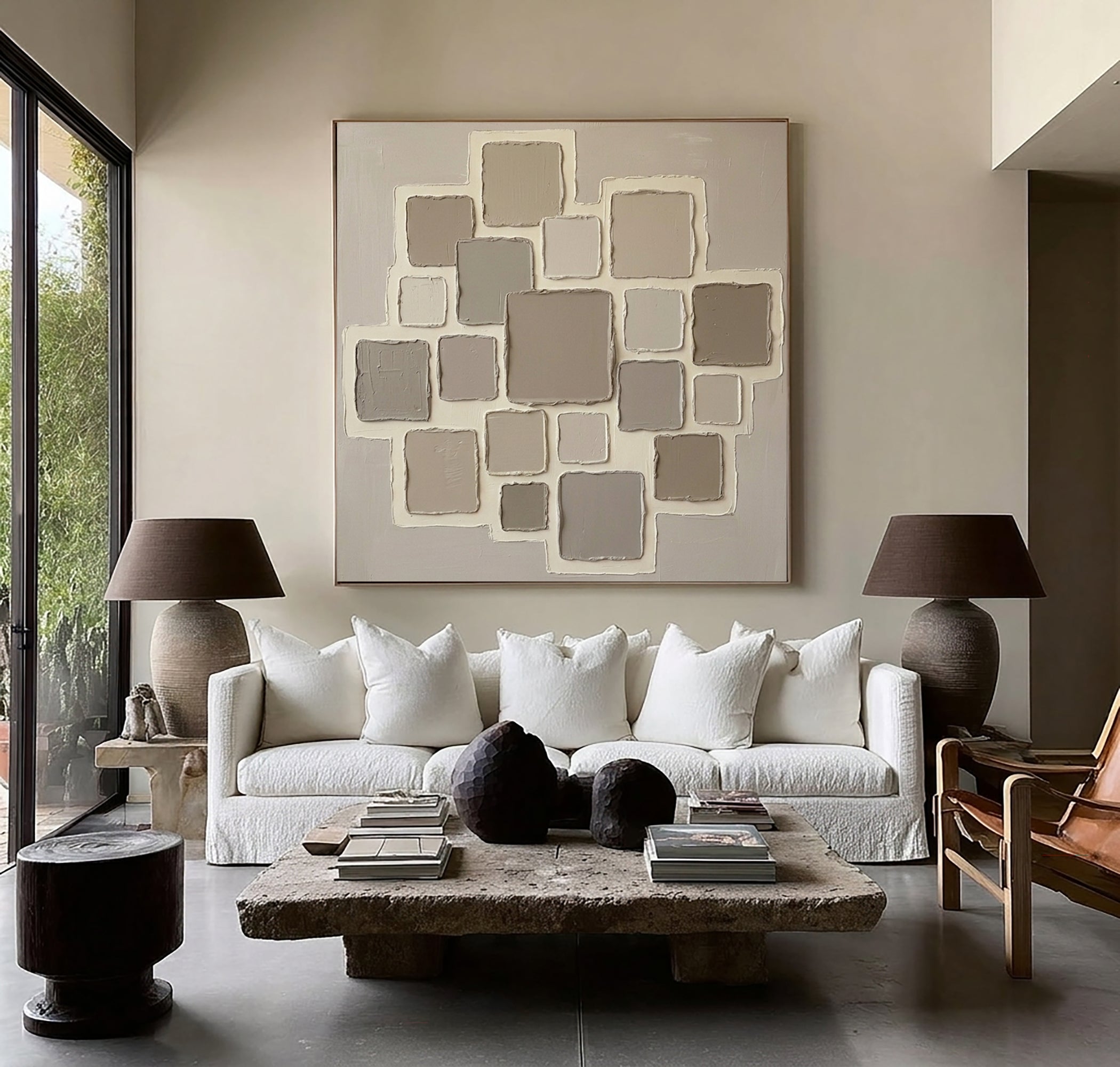Large Neutral Geometric Oil Painting – Minimalist Beige Texture Wall Art